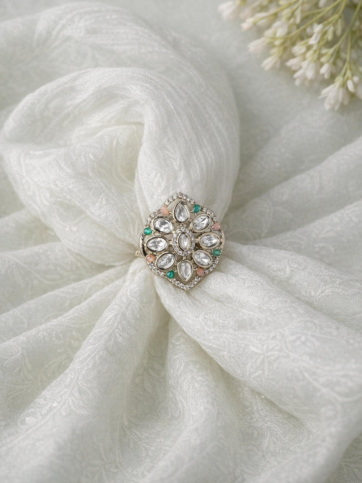 Gunjan Kundan Ring in Green and Pink 