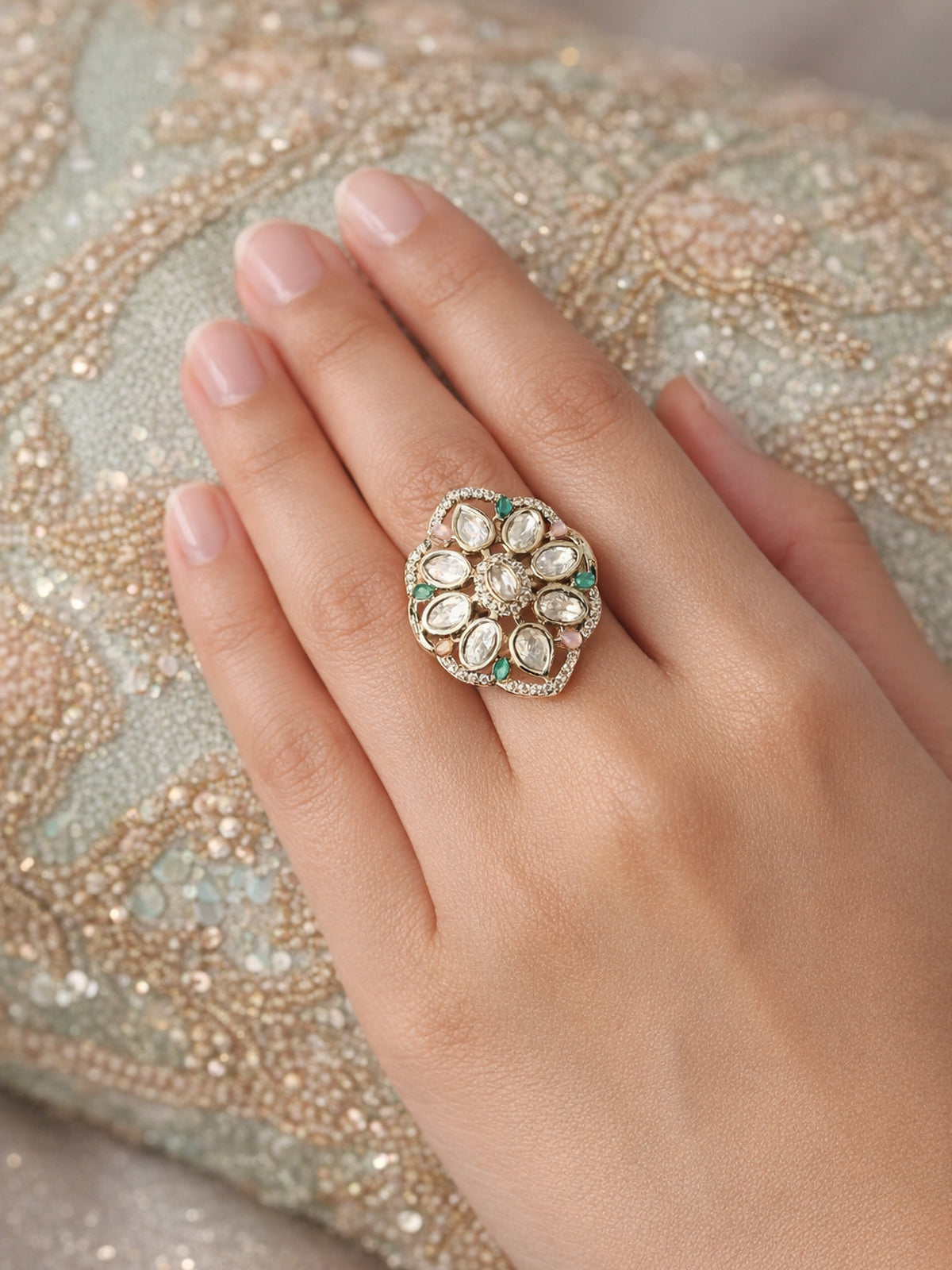 Gunjan Kundan Ring in Green and Pink 