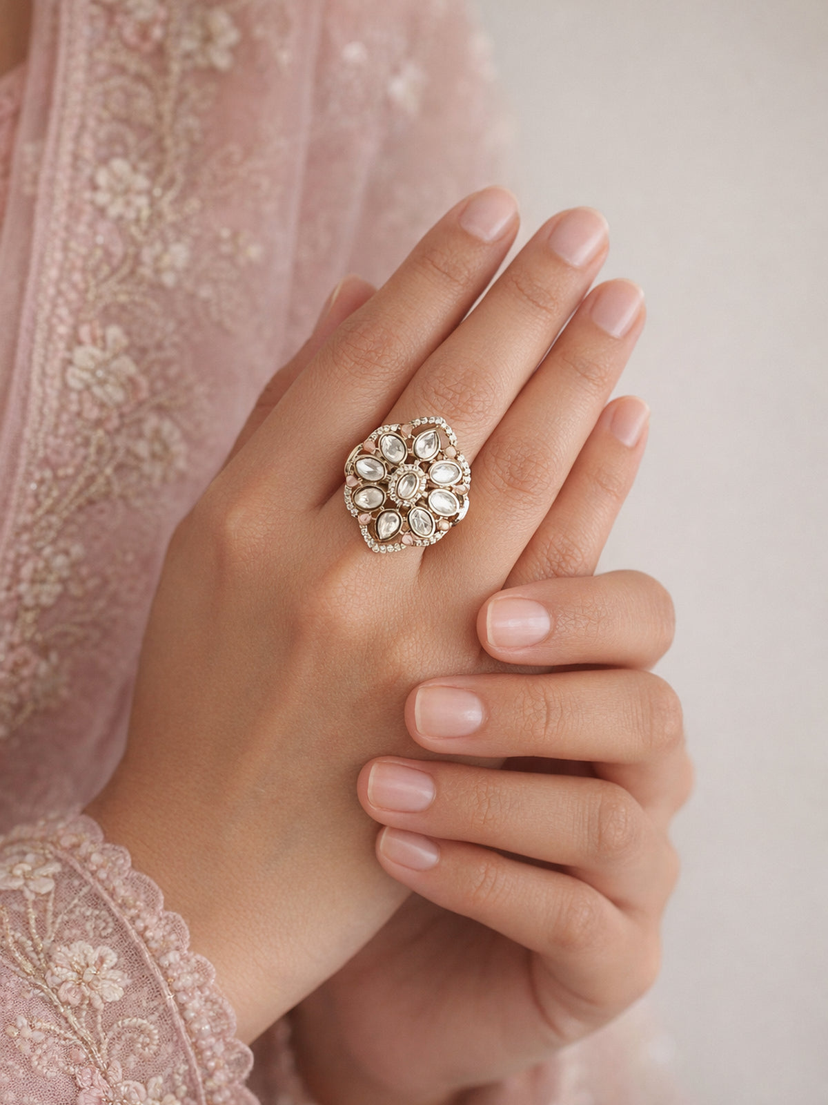 Gunjan Kundan Ring in Pink 