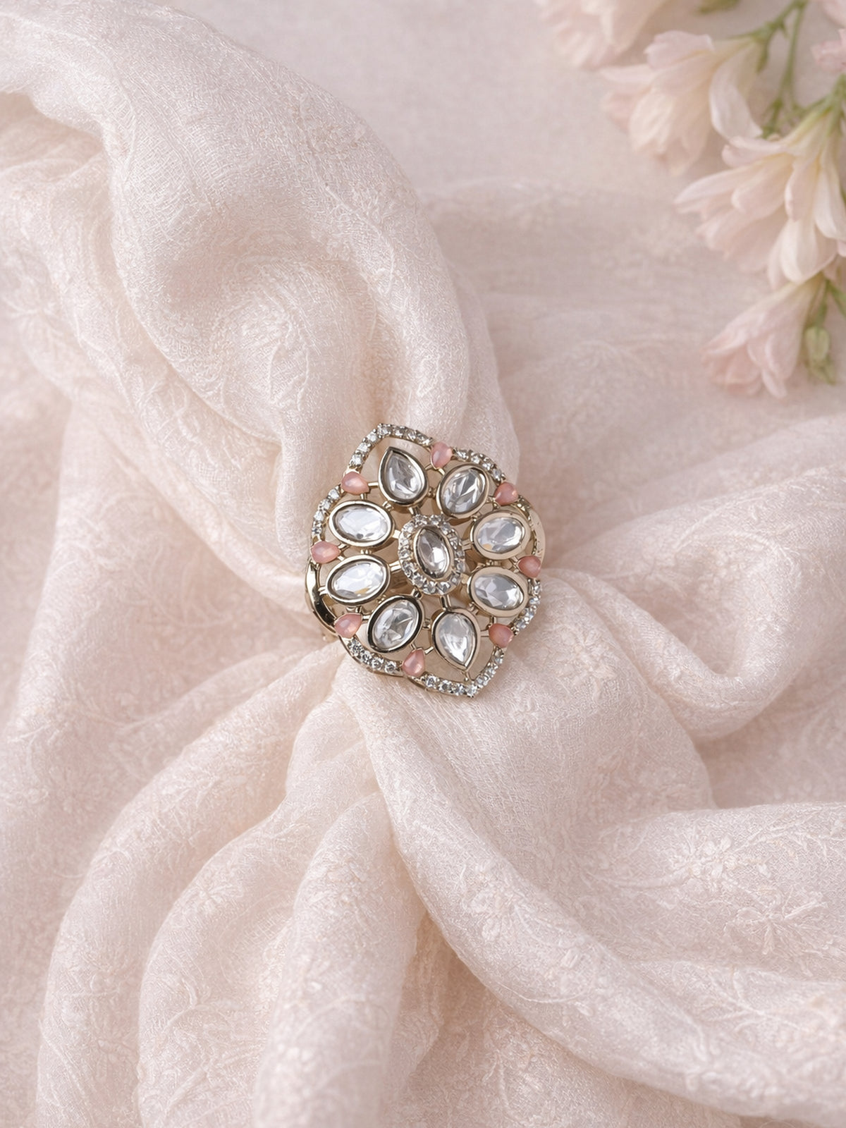 Gunjan Kundan Ring in Pink 