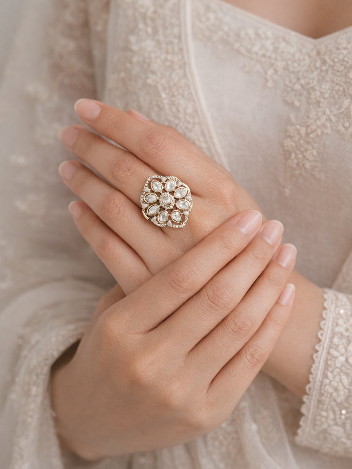 Gunjan Kundan Ring in White 