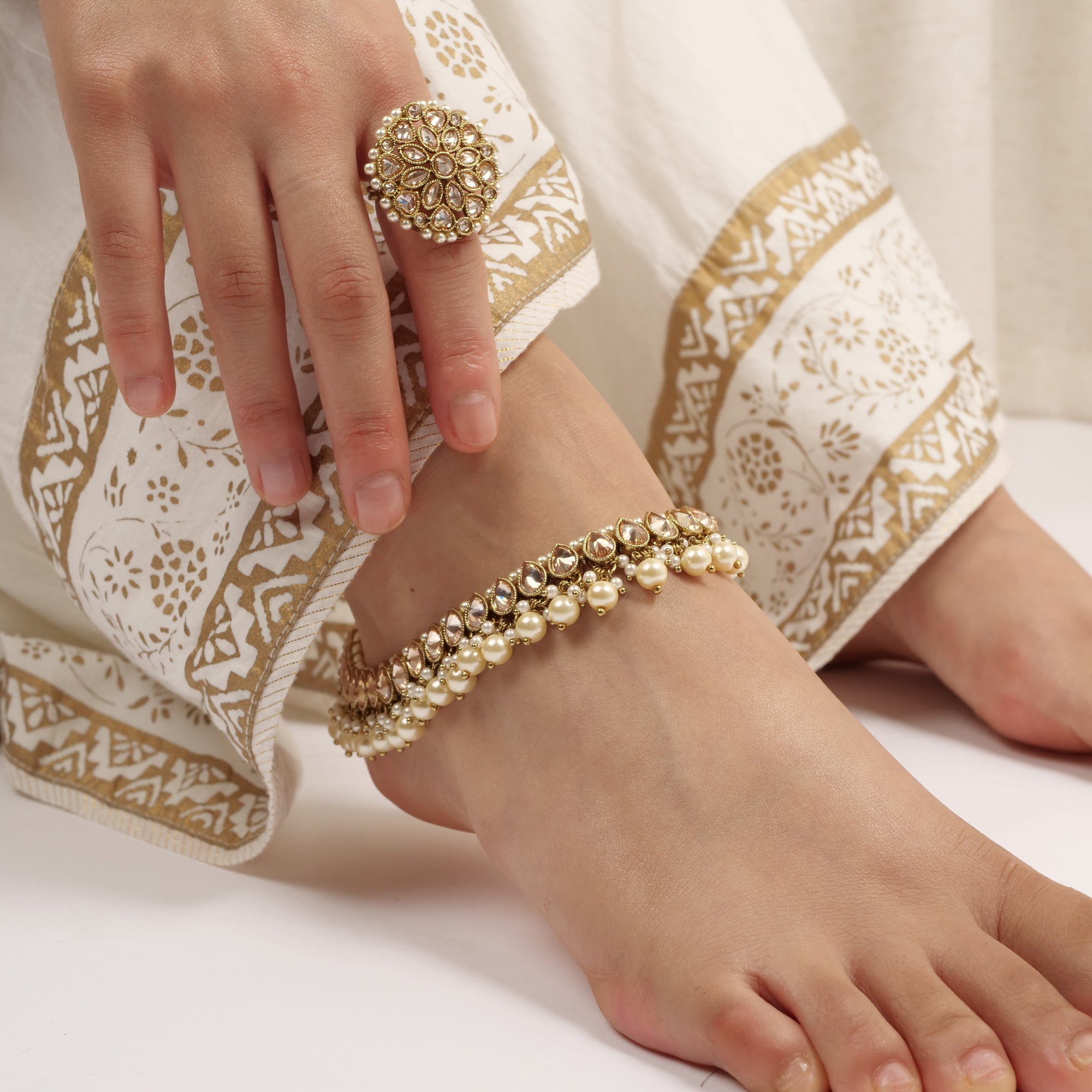 Hiral Pearl Anklet in Antique Gold