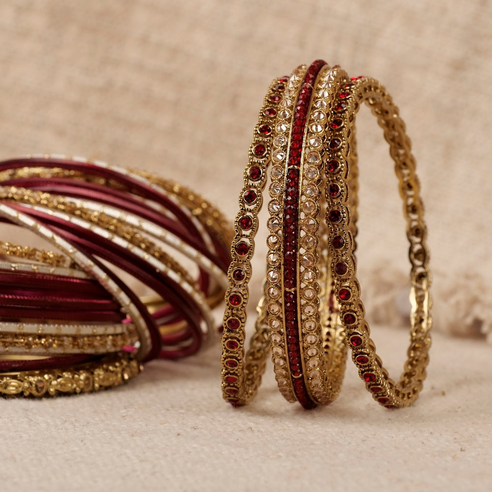 Maroon Red Crystal Bangles Round Dot Crystal Bangles In Maroon