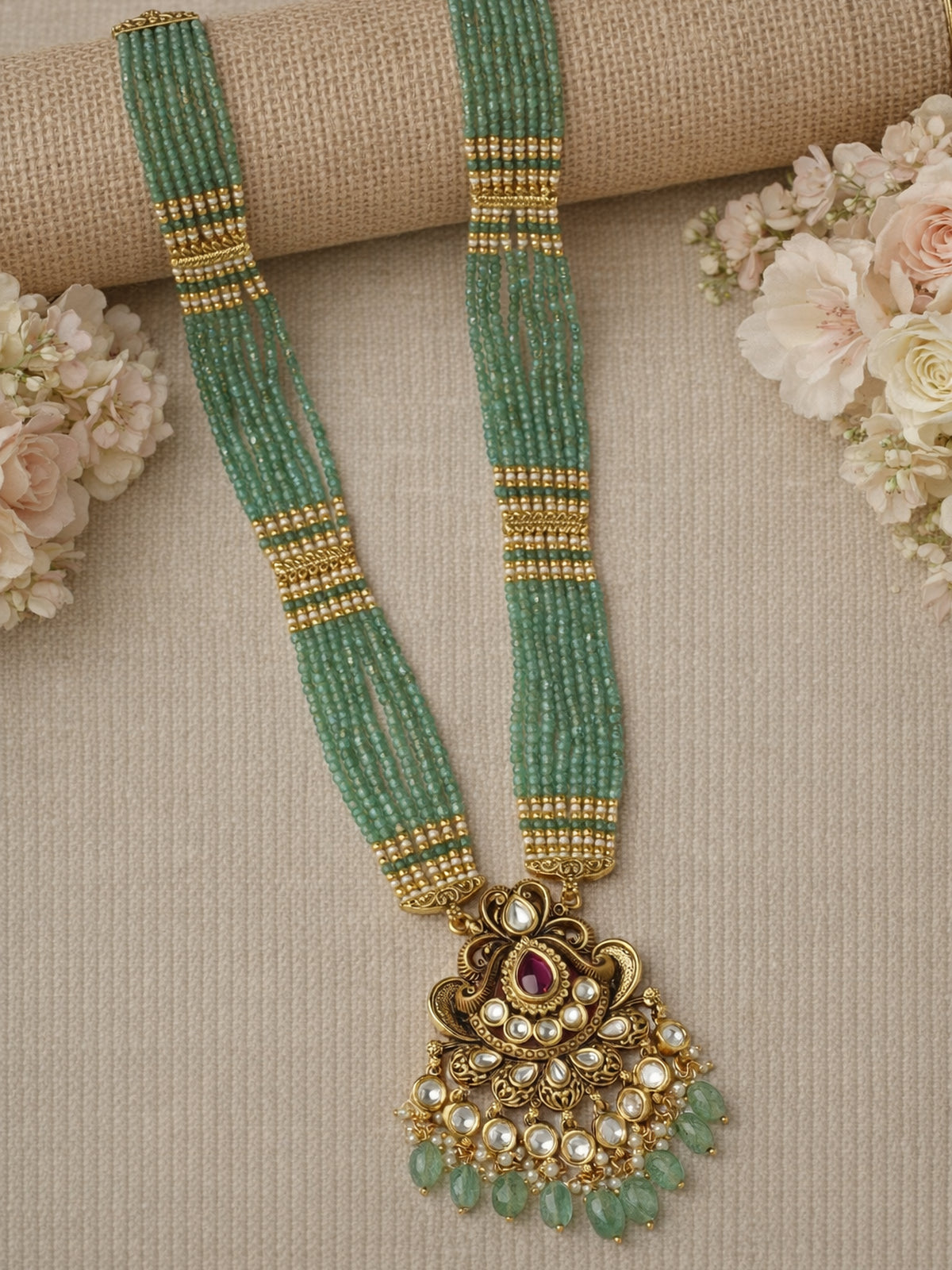 Indira Kundan Rani Haar in Green and Ruby