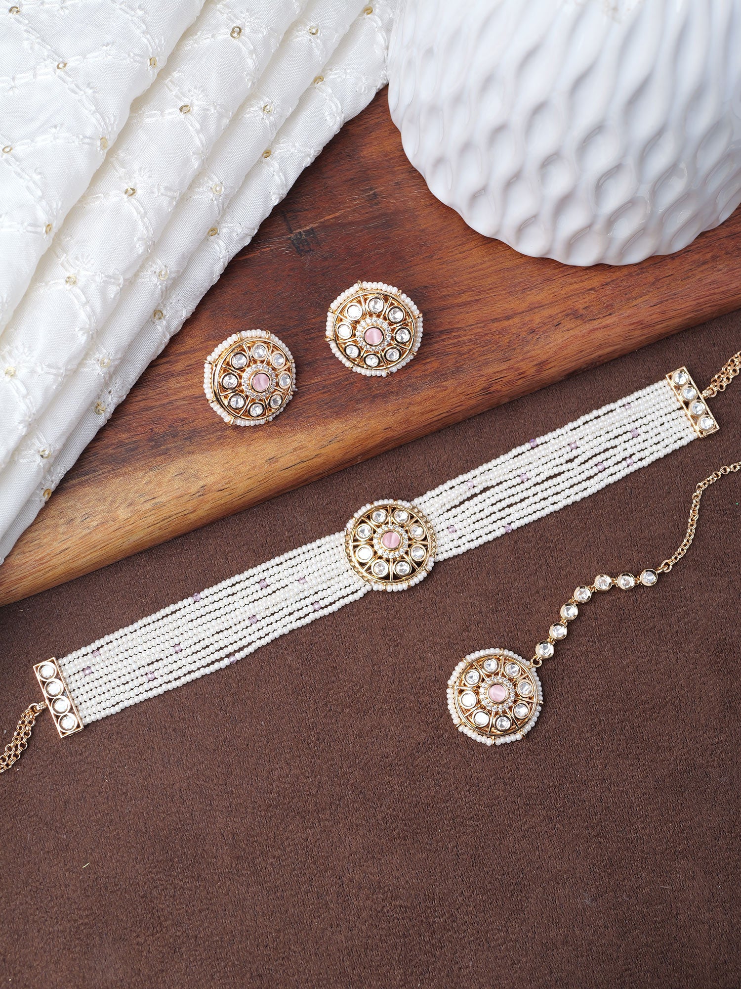 Indrani Kundan Choker Set in Pearl and Light Pink