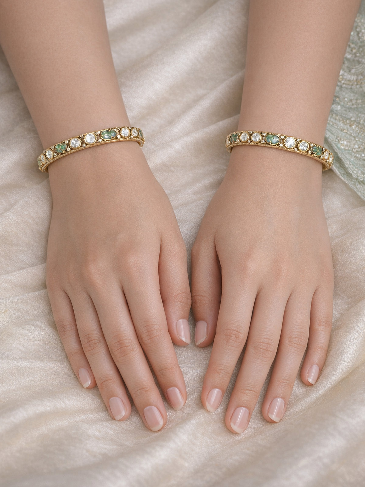 Ishira Kundan Bangles in Light Jade 