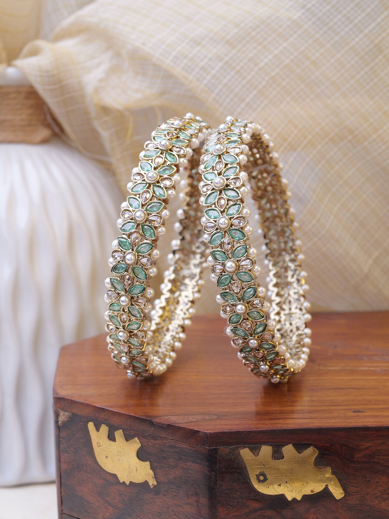 Jahaan Pearl Kadas in Mint and Antique Gold