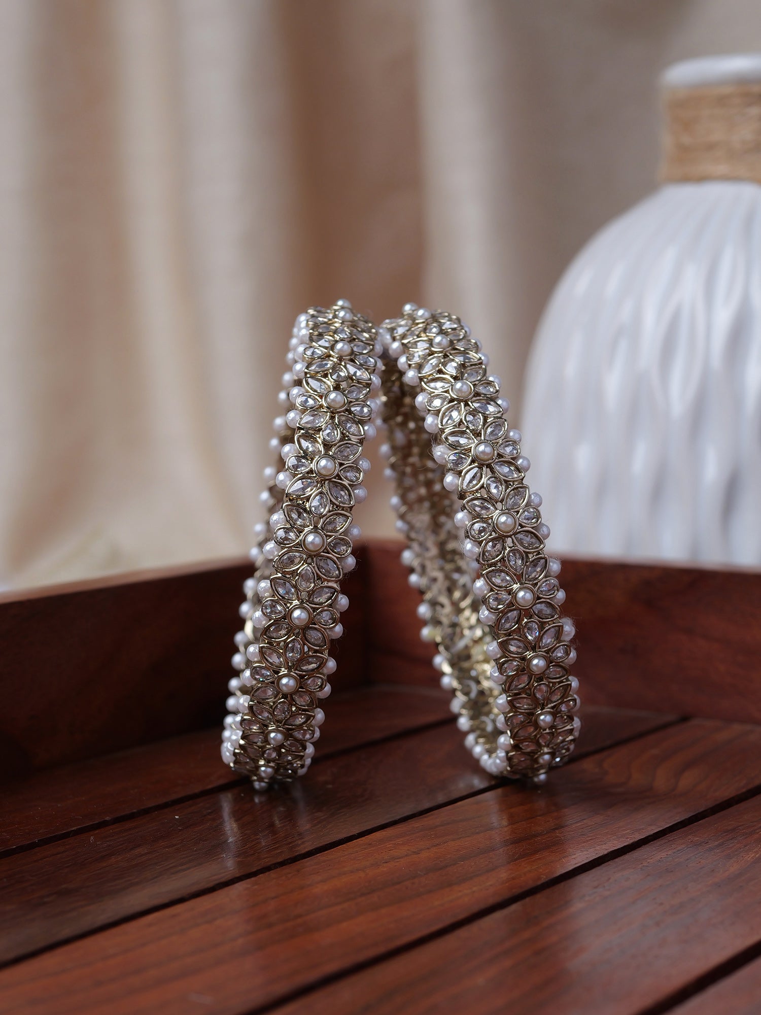 Jahaan Pearl Kadas in White and Antique Gold