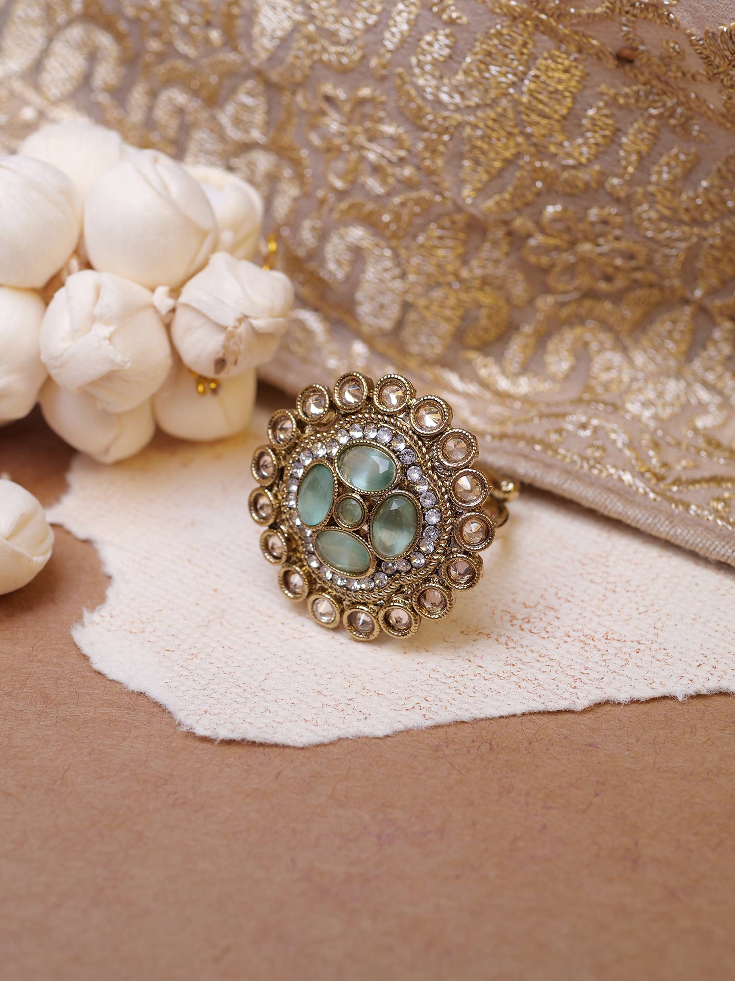 Jahnavi Ring in Mint and Antique Gold