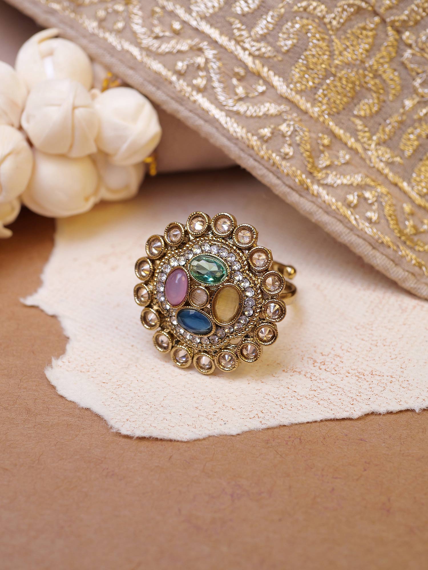 Jahnavi Ring in Multi and Antique Gold