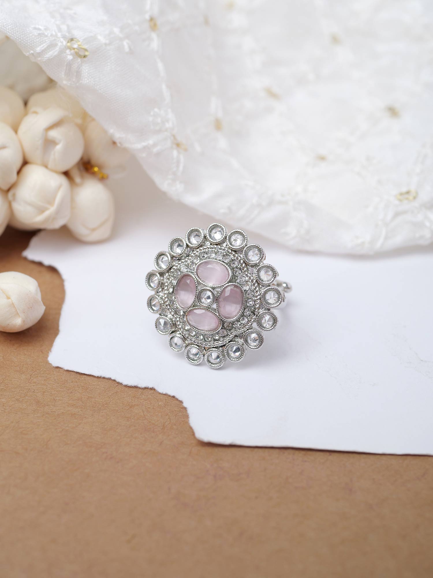 Jahnavi Ring in Pink and Rhodium