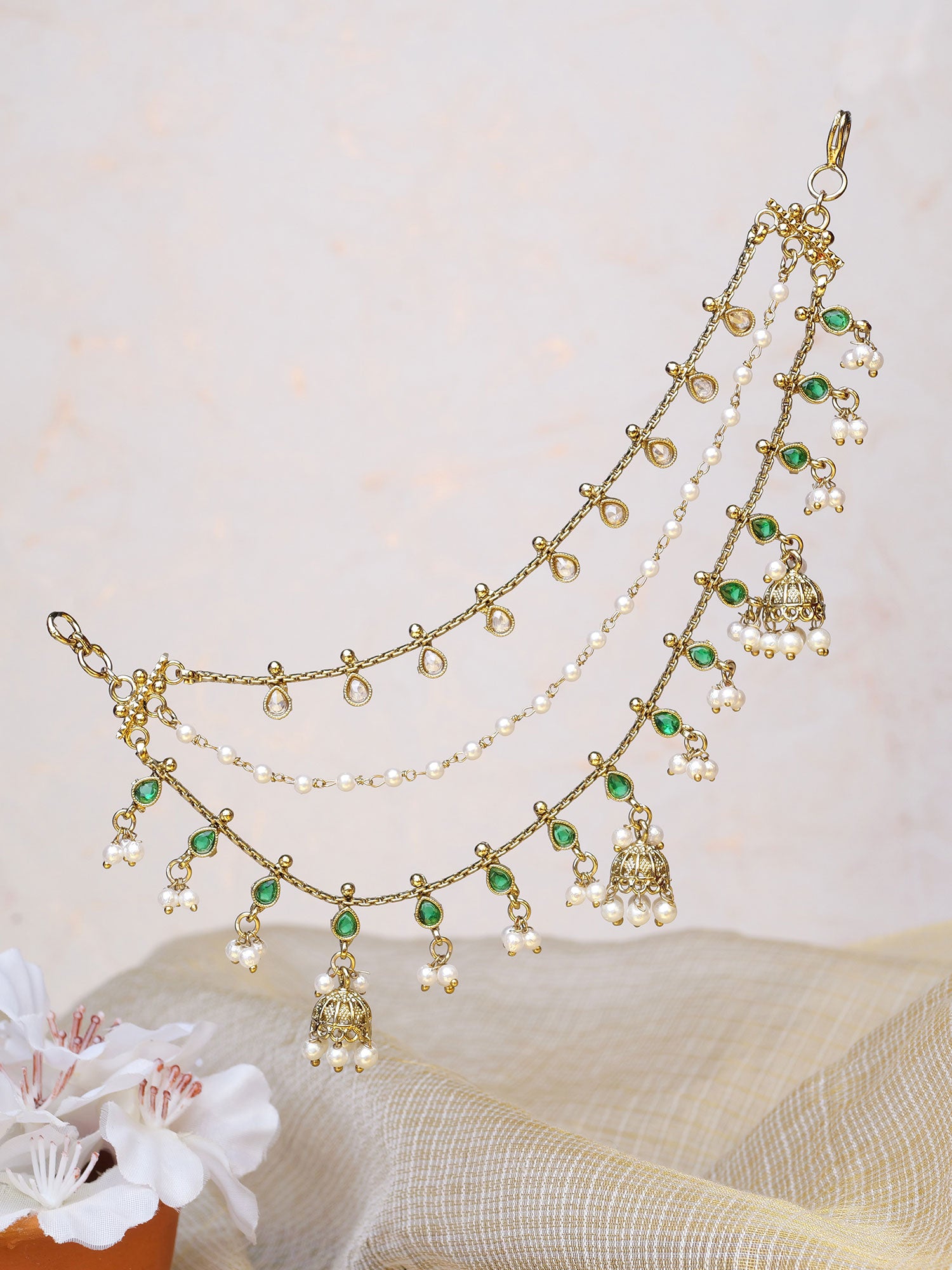 Jhumka Ear Chains in Green and Pearl