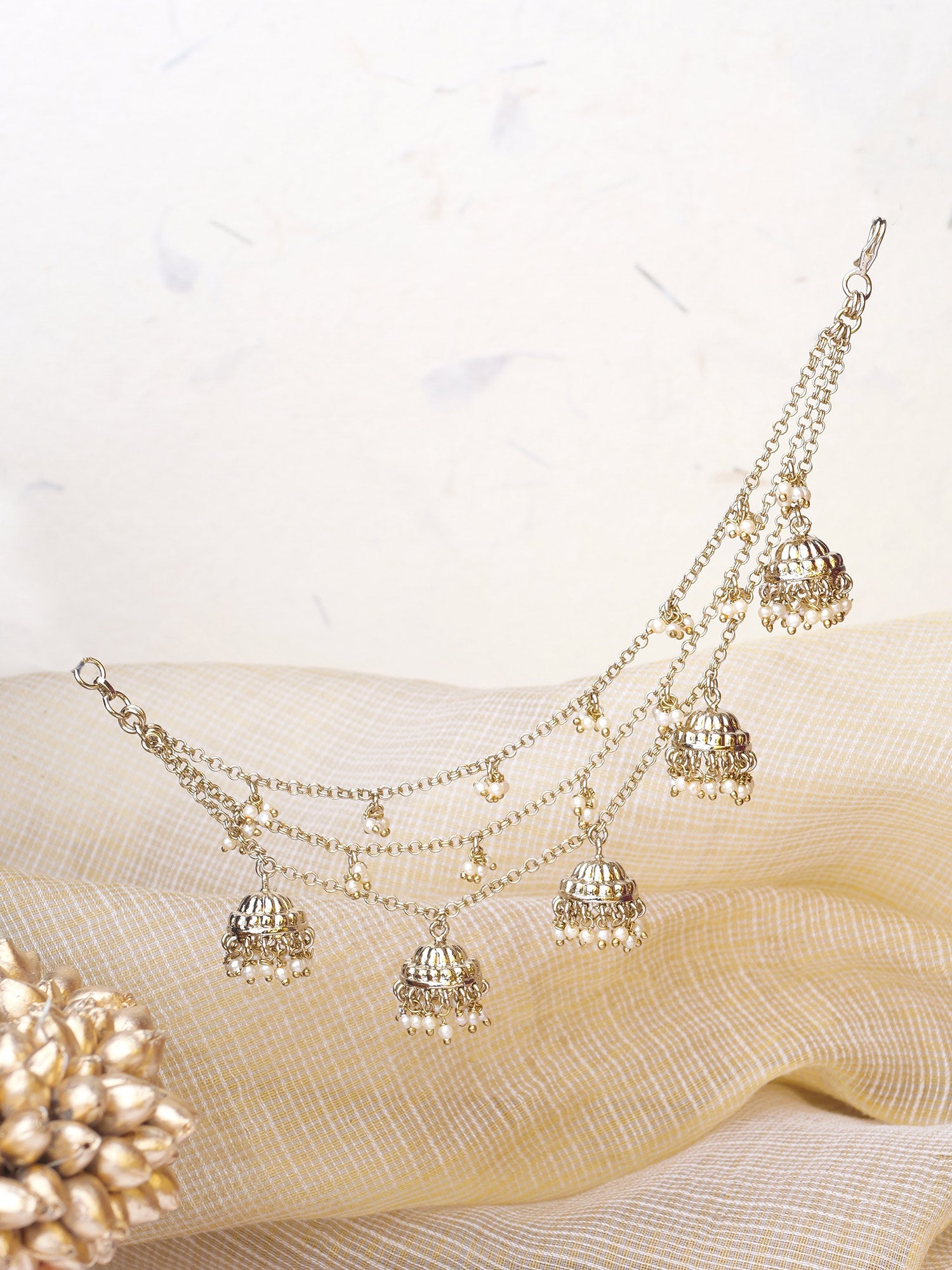 Jhumka and Pearl Layered Ear Chains in Champagne
