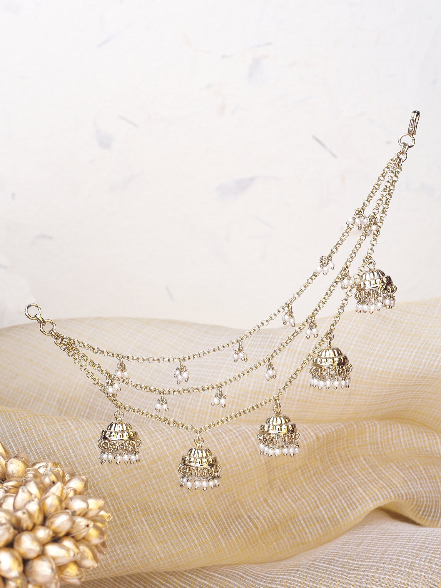 Jhumka and Pearl Layered Ear Chains in White