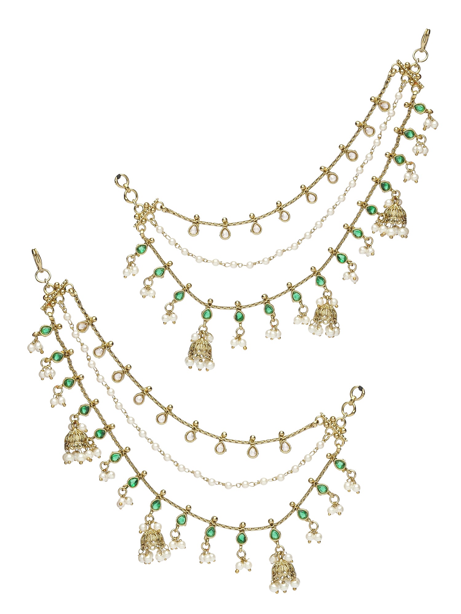 Jhumka Ear Chains in Green and Pearl