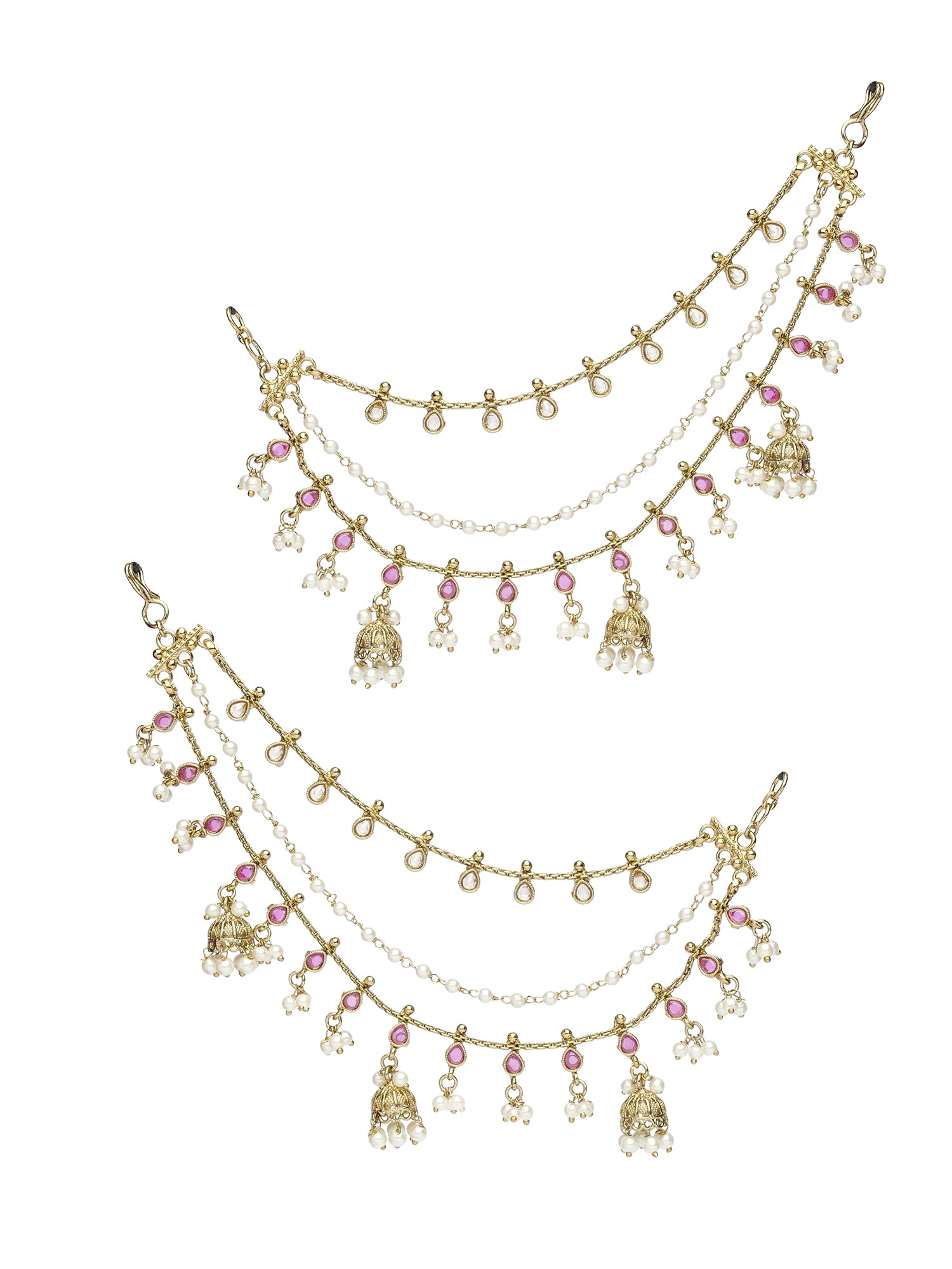 Jhumka Ear Chains in Ruby and Pearl