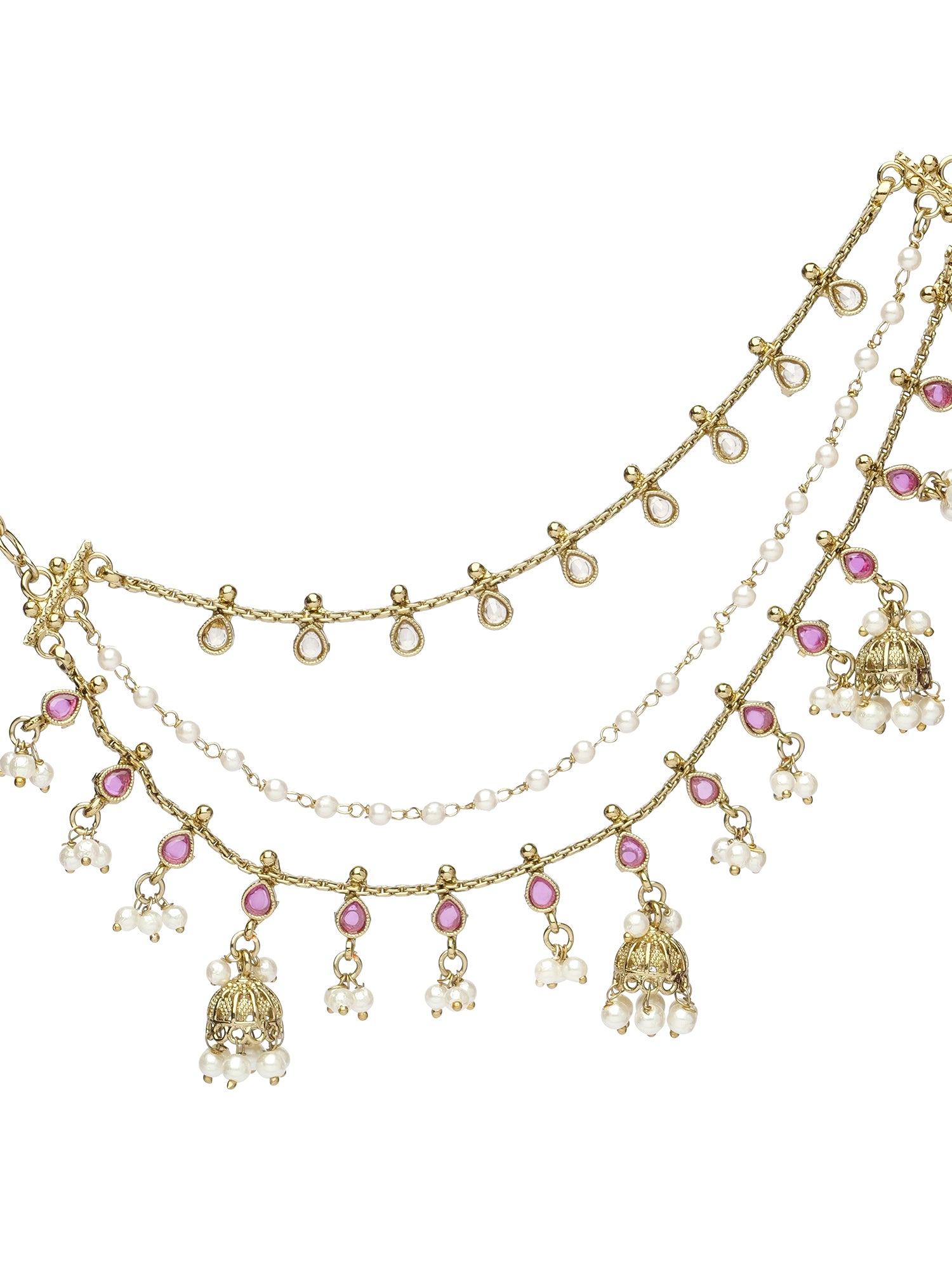 Jhumka Ear Chains in Ruby and Pearl