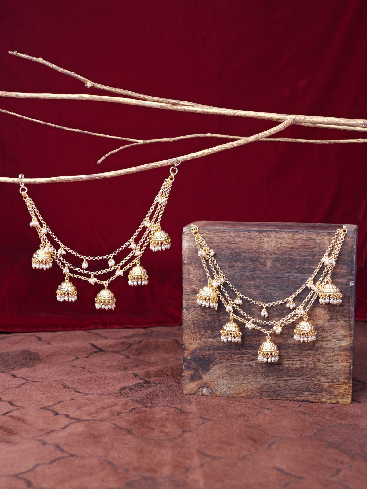 Jhumka and Pearl Layered Ear Chains in Gold