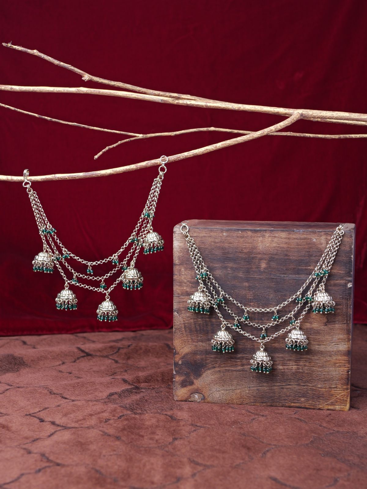 Jhumka and Pearl Layered Ear Chains in Green
