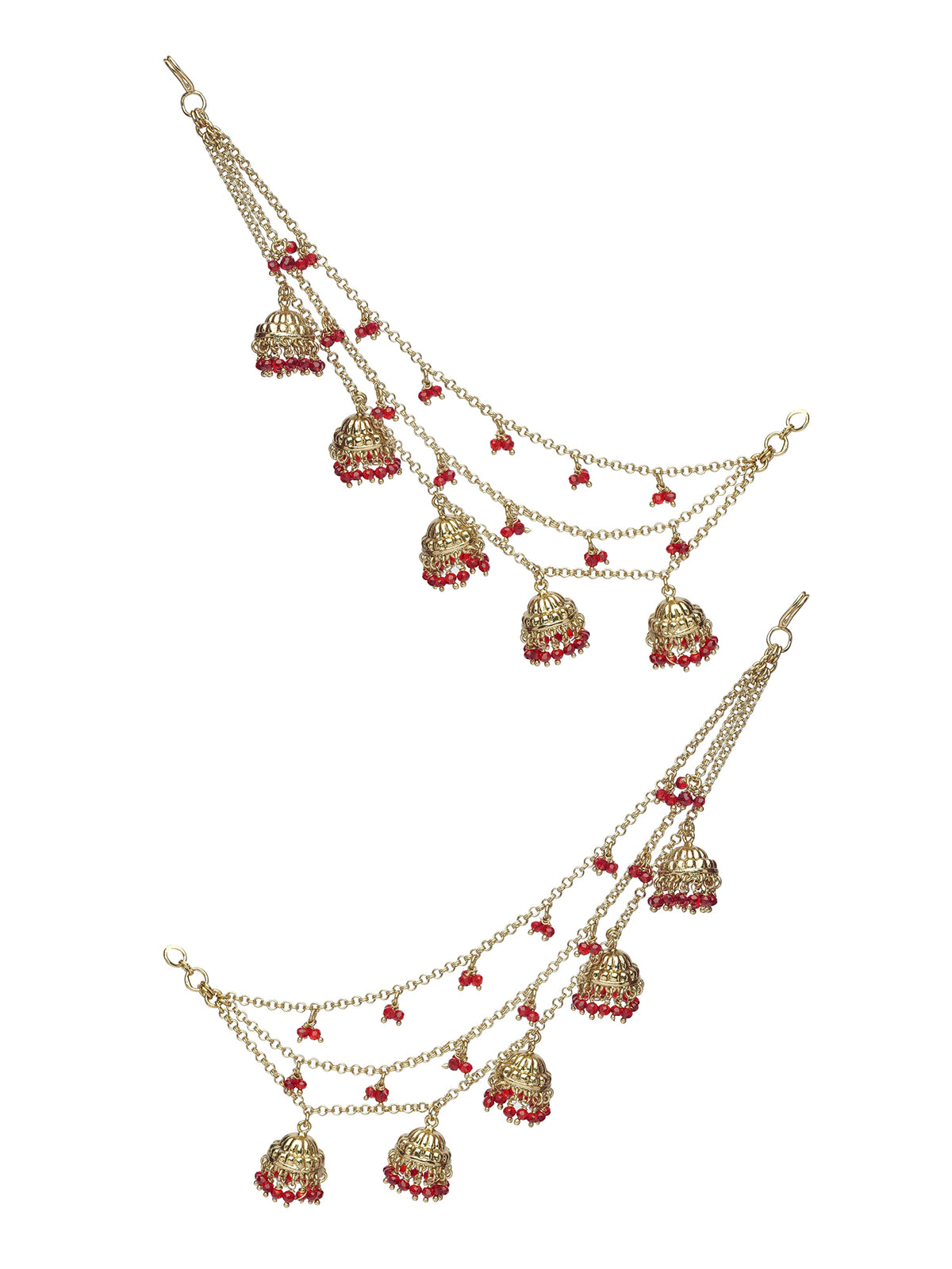 Jhumka and Pearl Layered Ear Chains in Maroon