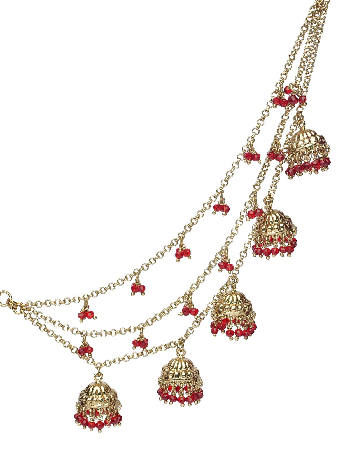Jhumka and Pearl Layered Ear Chains in Maroon