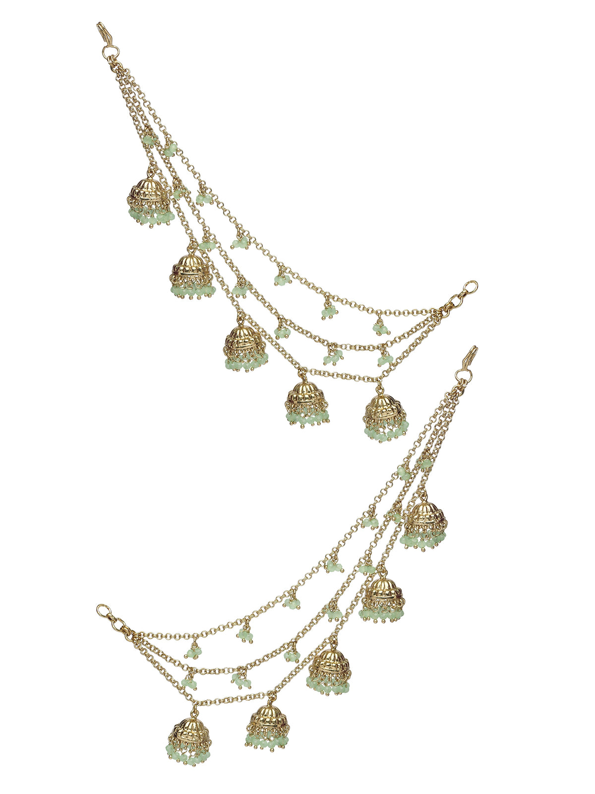 Jhumka and Pearl Layered Ear Chains in Mint