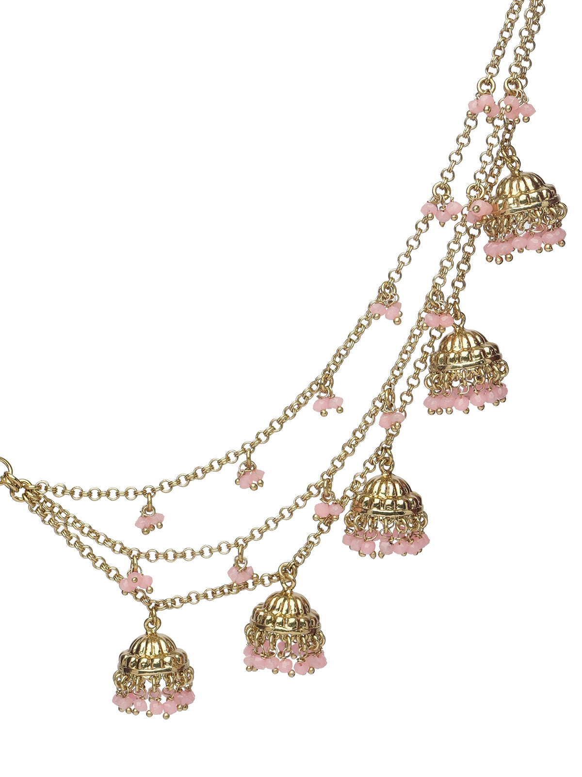 Jhumka and Pearl Layered Ear Chains in Pink