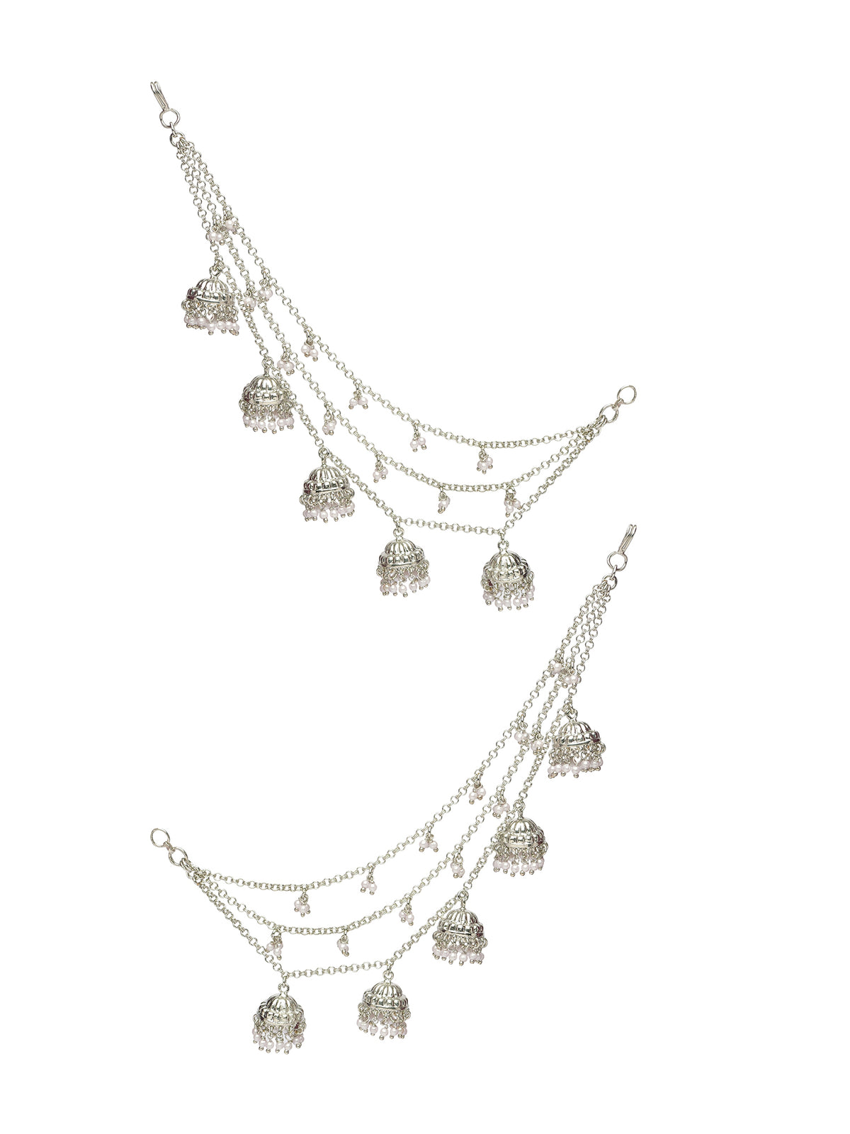 Jhumka and Pearl Layered Ear Chains in Rhodium