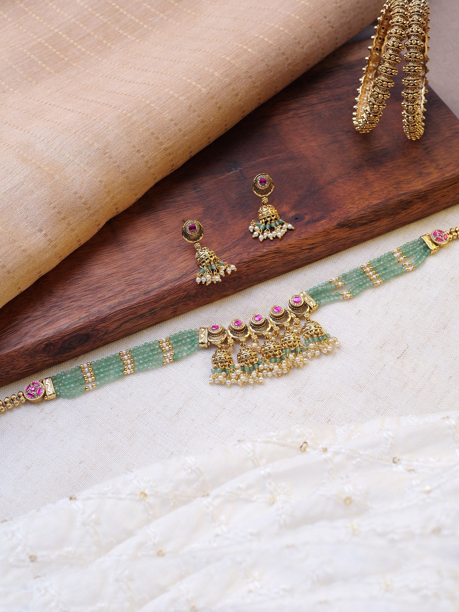 Kamini Classic Bead Necklace in Green and Hot Pink