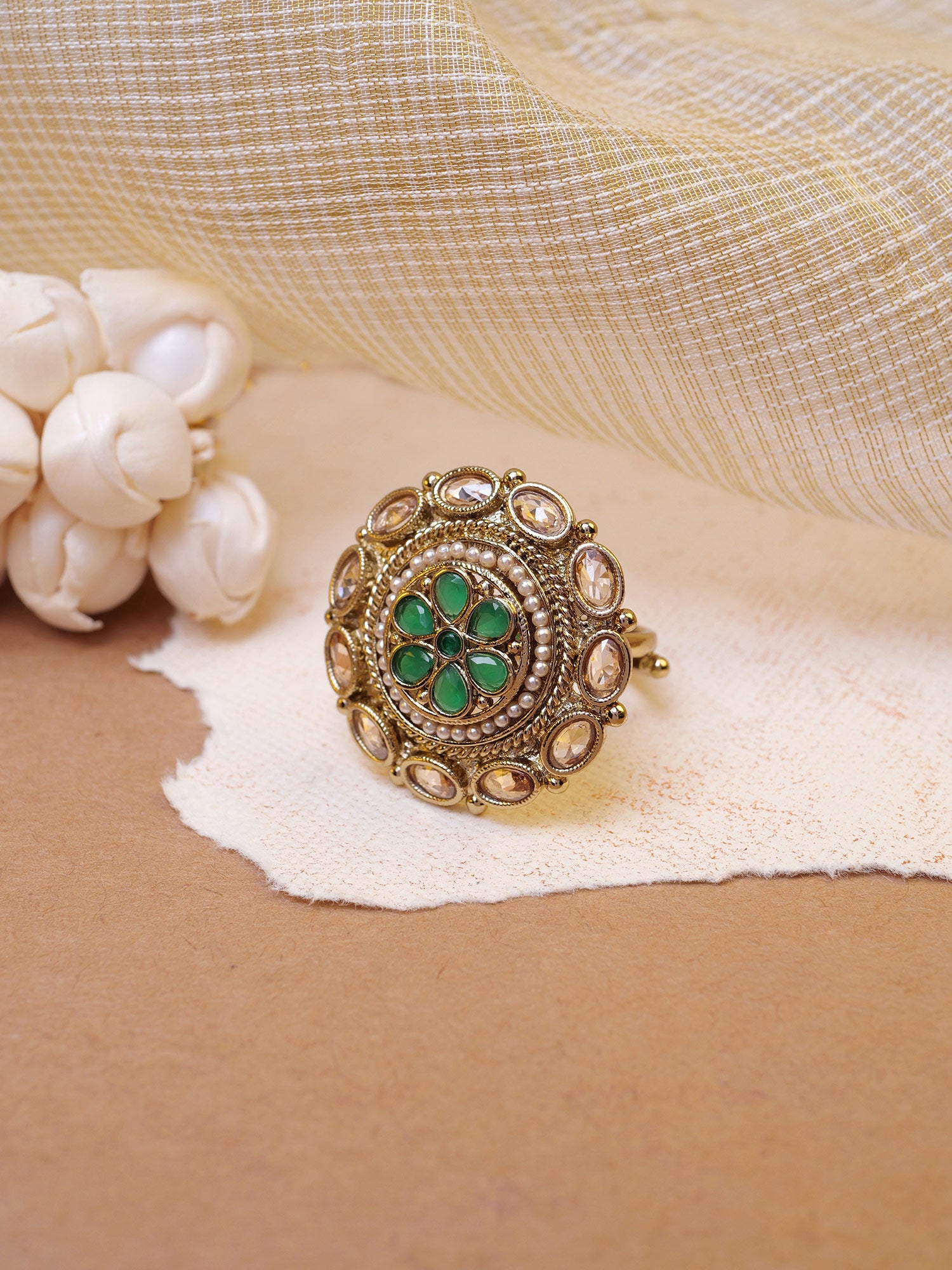Kashish Ring in Green and Pearl