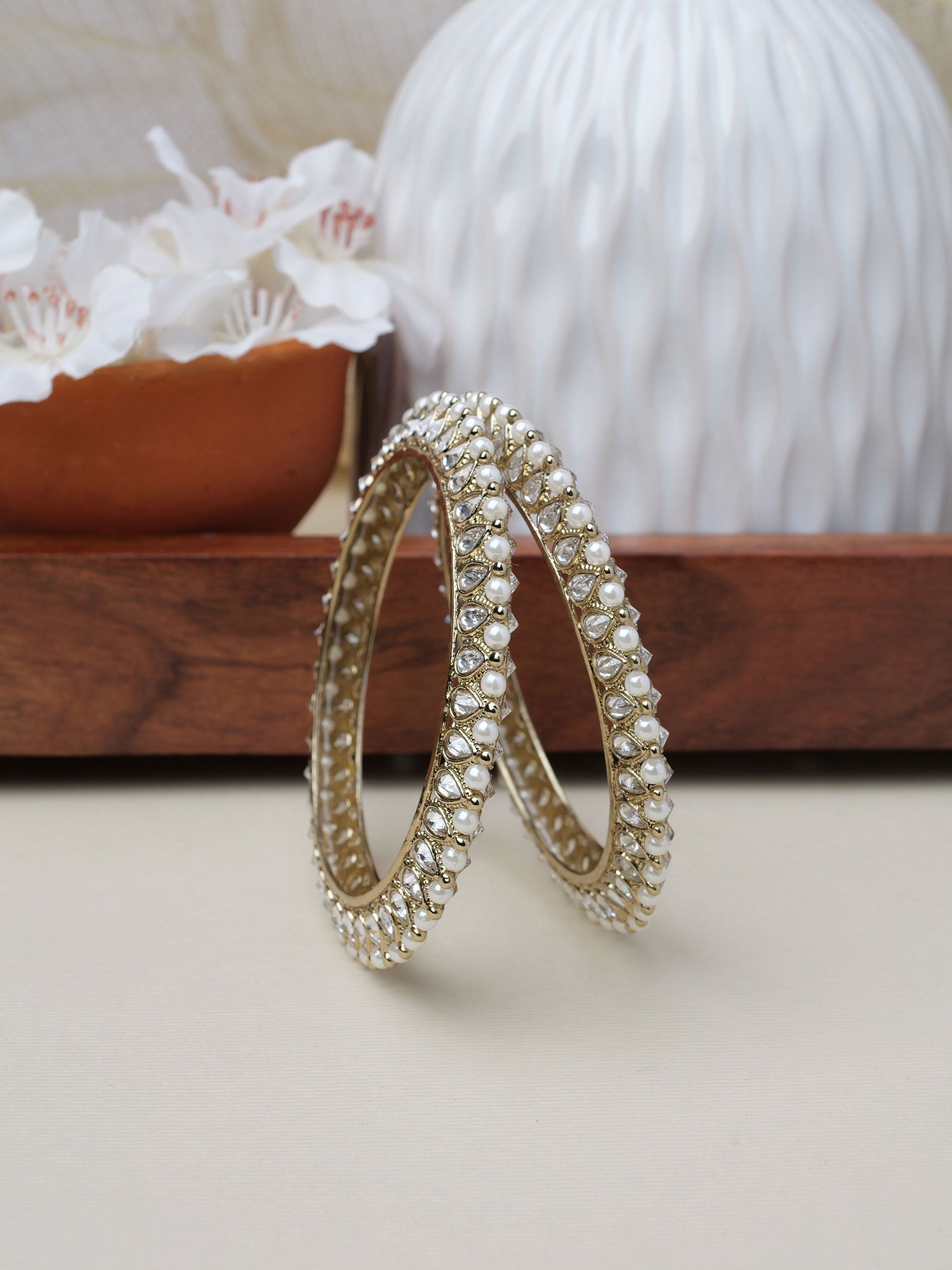 Kavya Pearl Kada Bangles in White