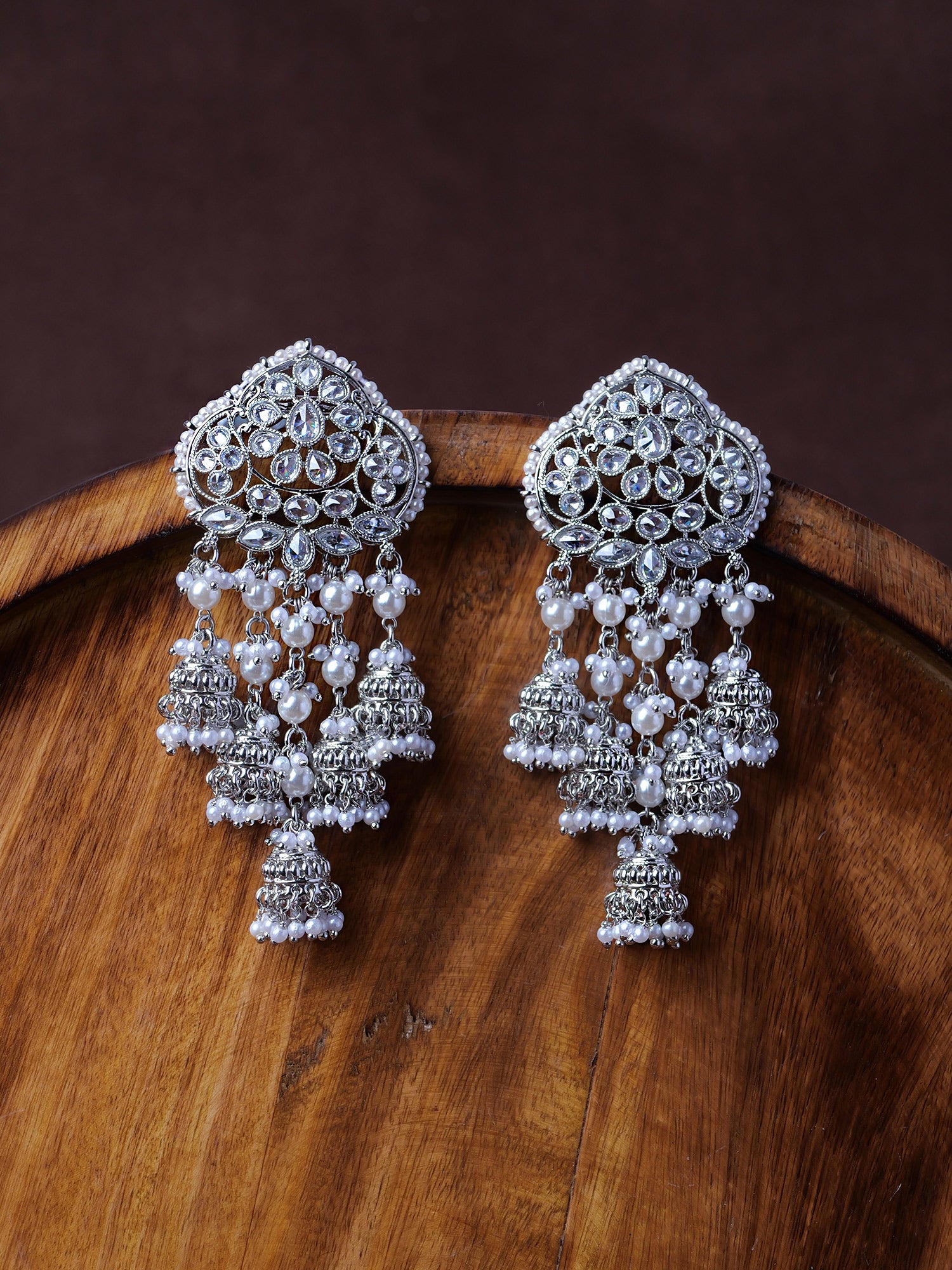 Kimaya Long Jhumka Earrings in Pearl and Rhodium