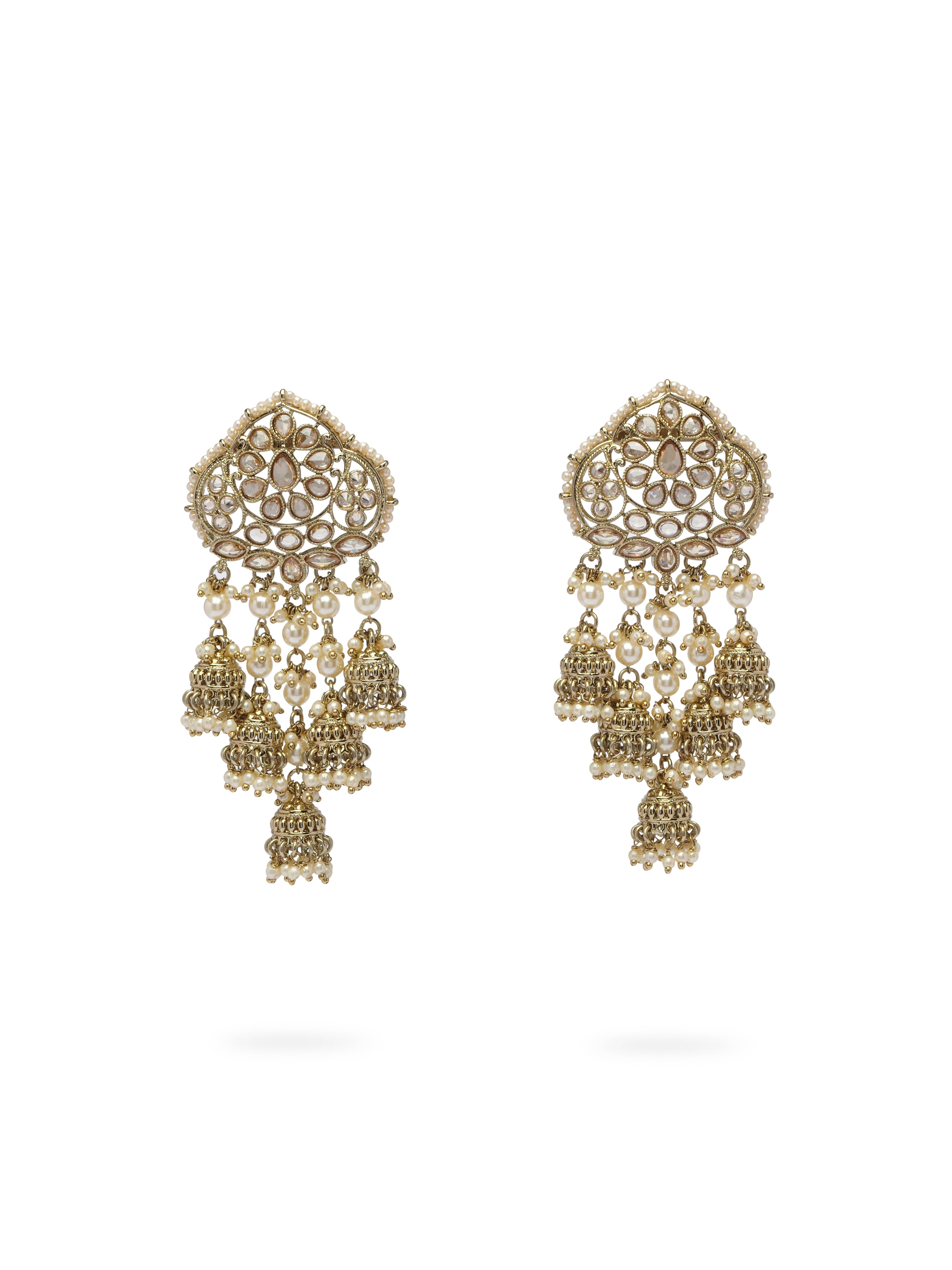 Kimaya Long Jhumka Earrings in Antique Gold