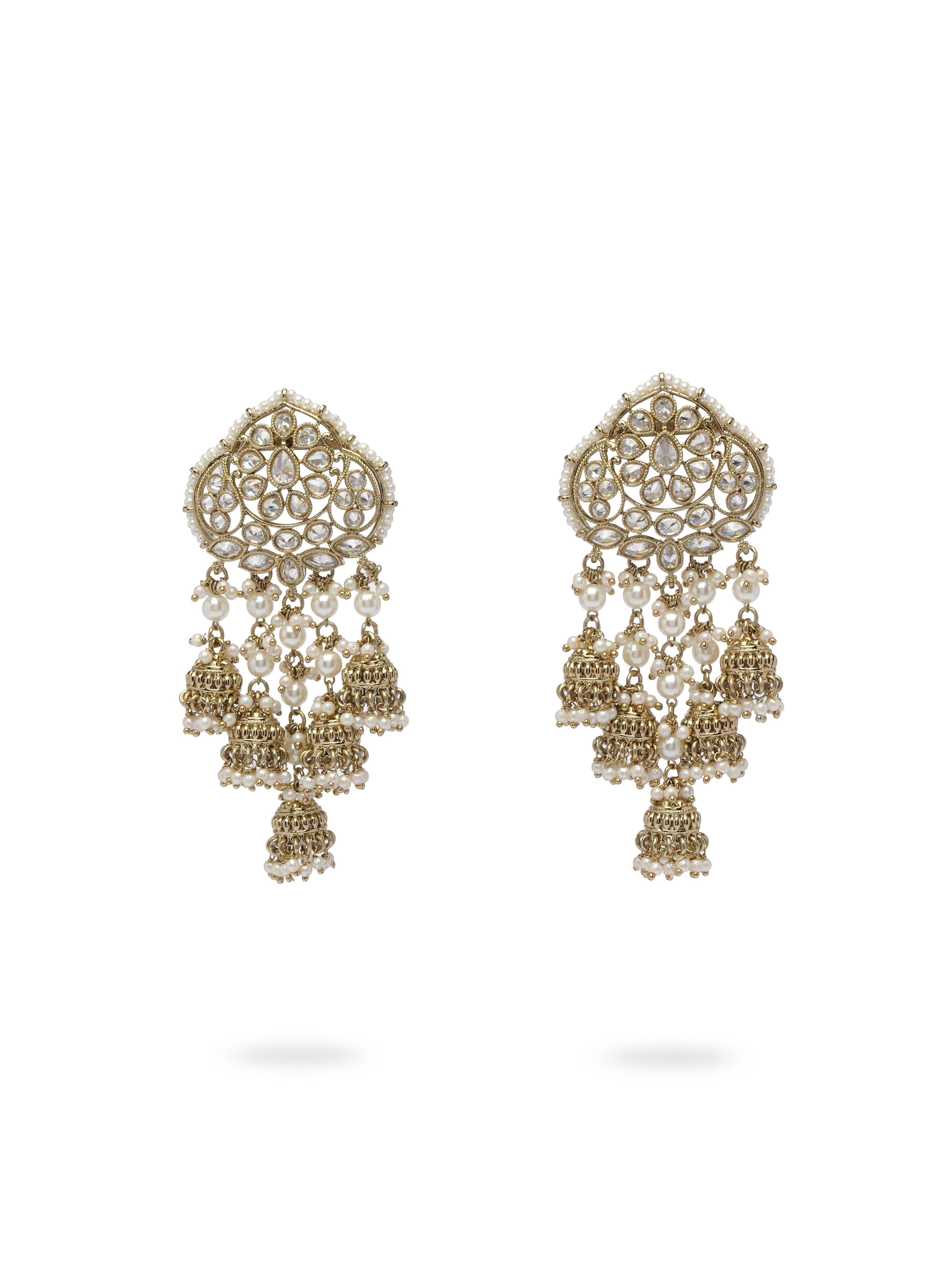 Kimaya Long Jhumka Earrings in White and Antique Gold