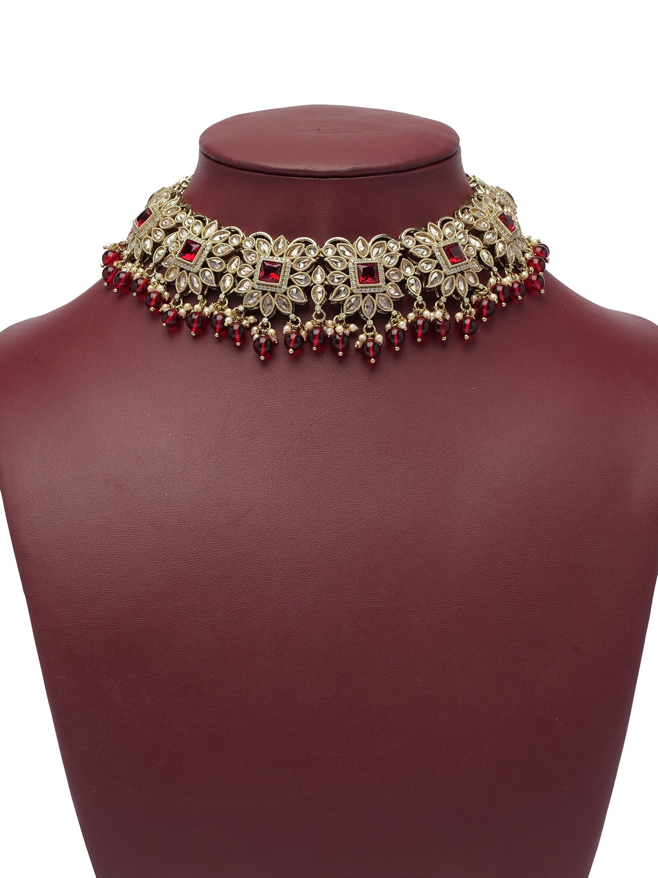 Kiyara Bridal Necklace Set in Maroon and Antique Gold