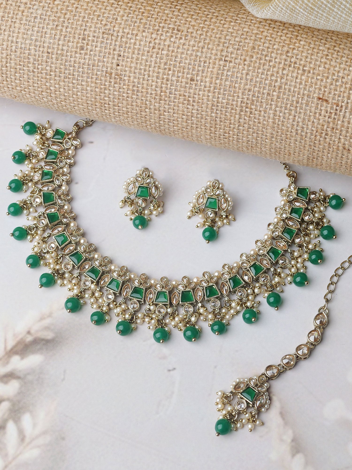 Kumari Pearl Necklace Set in Green