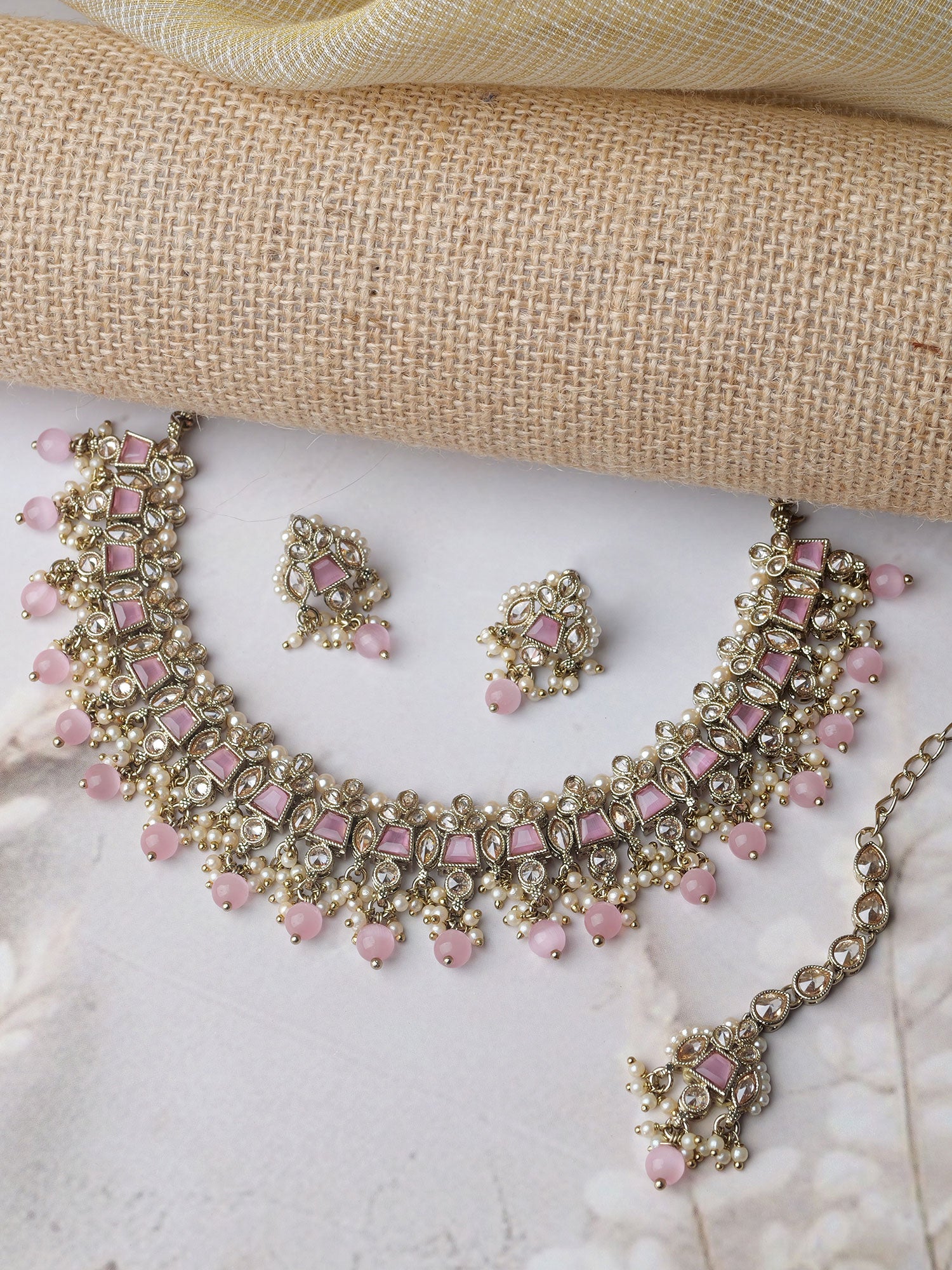 Kumari Pearl Necklace Set in Light Pink