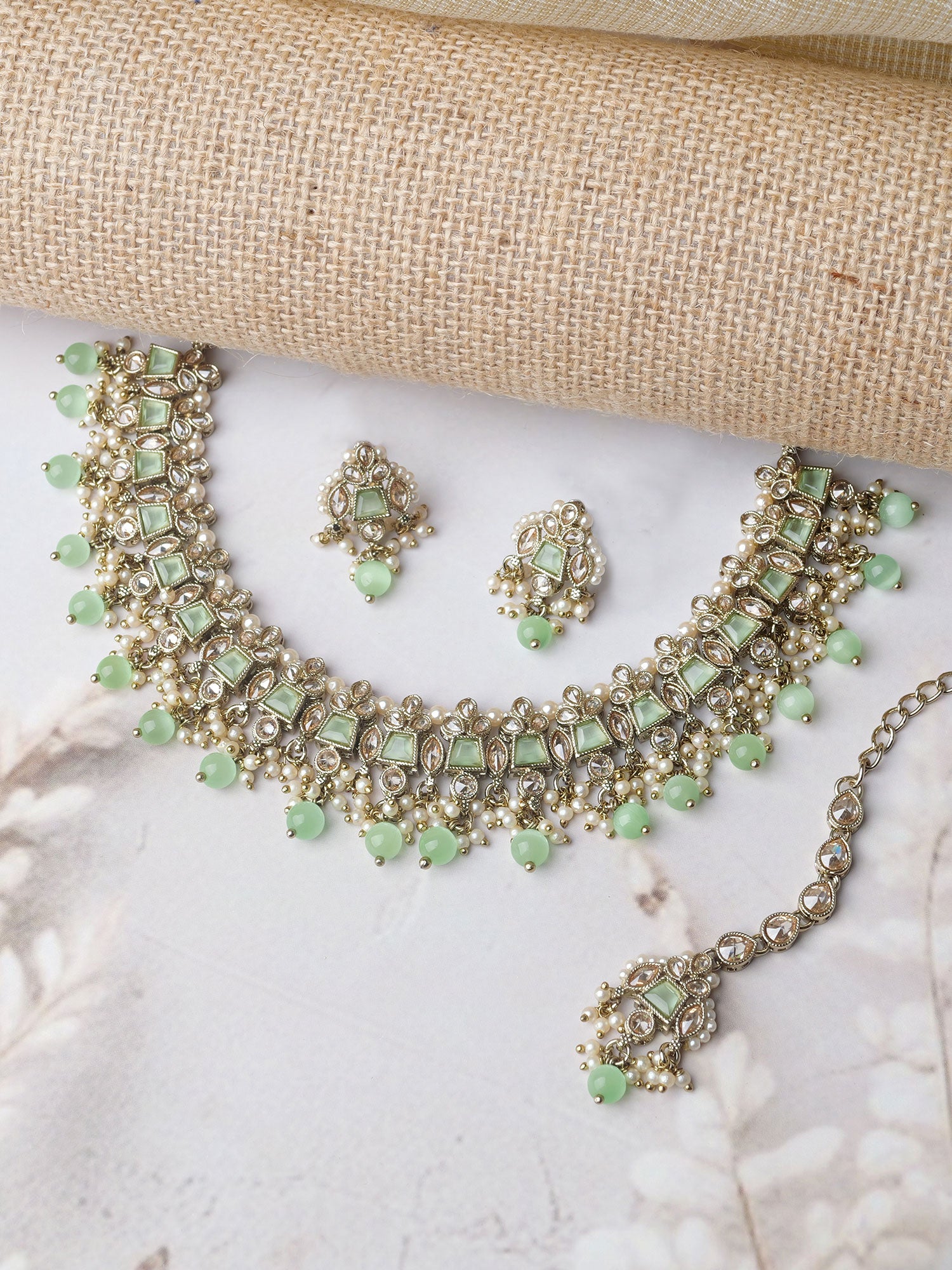 Kumari Pearl Necklace Set in Mint