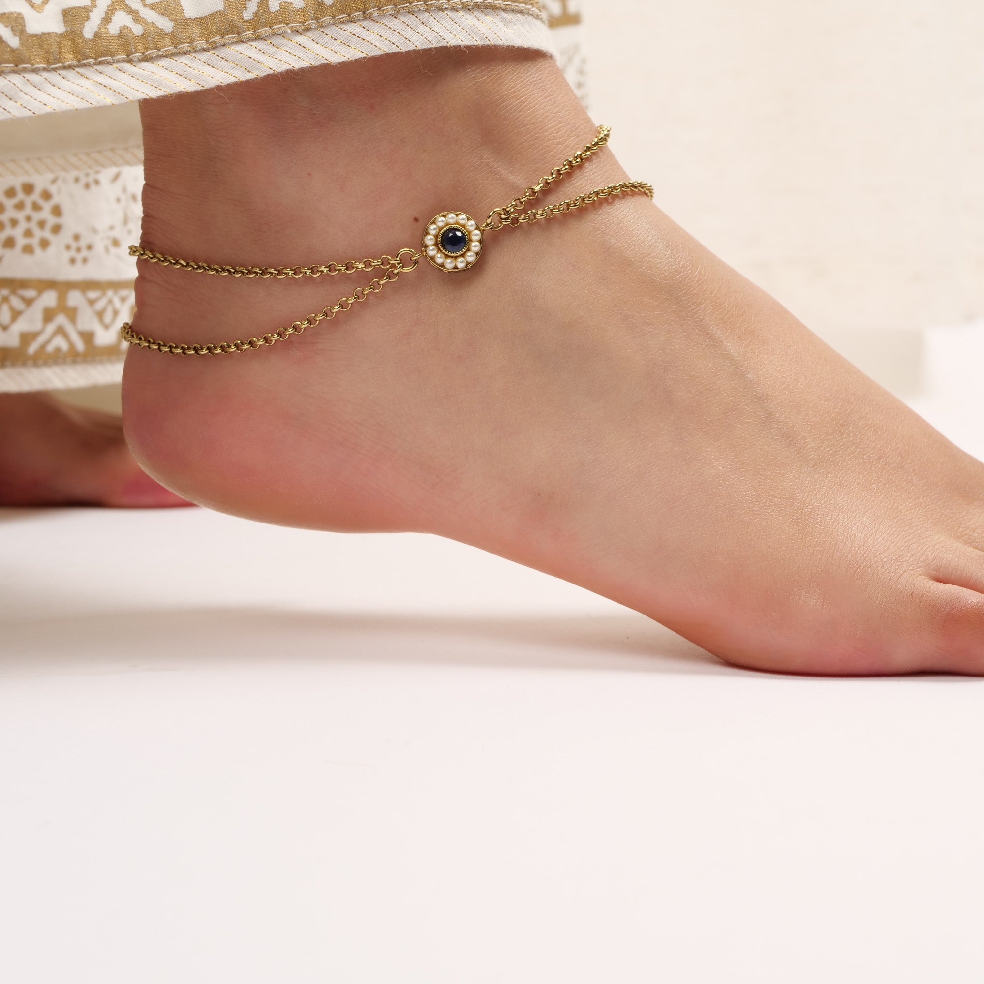 Leela Double Chain Anklet in Navy