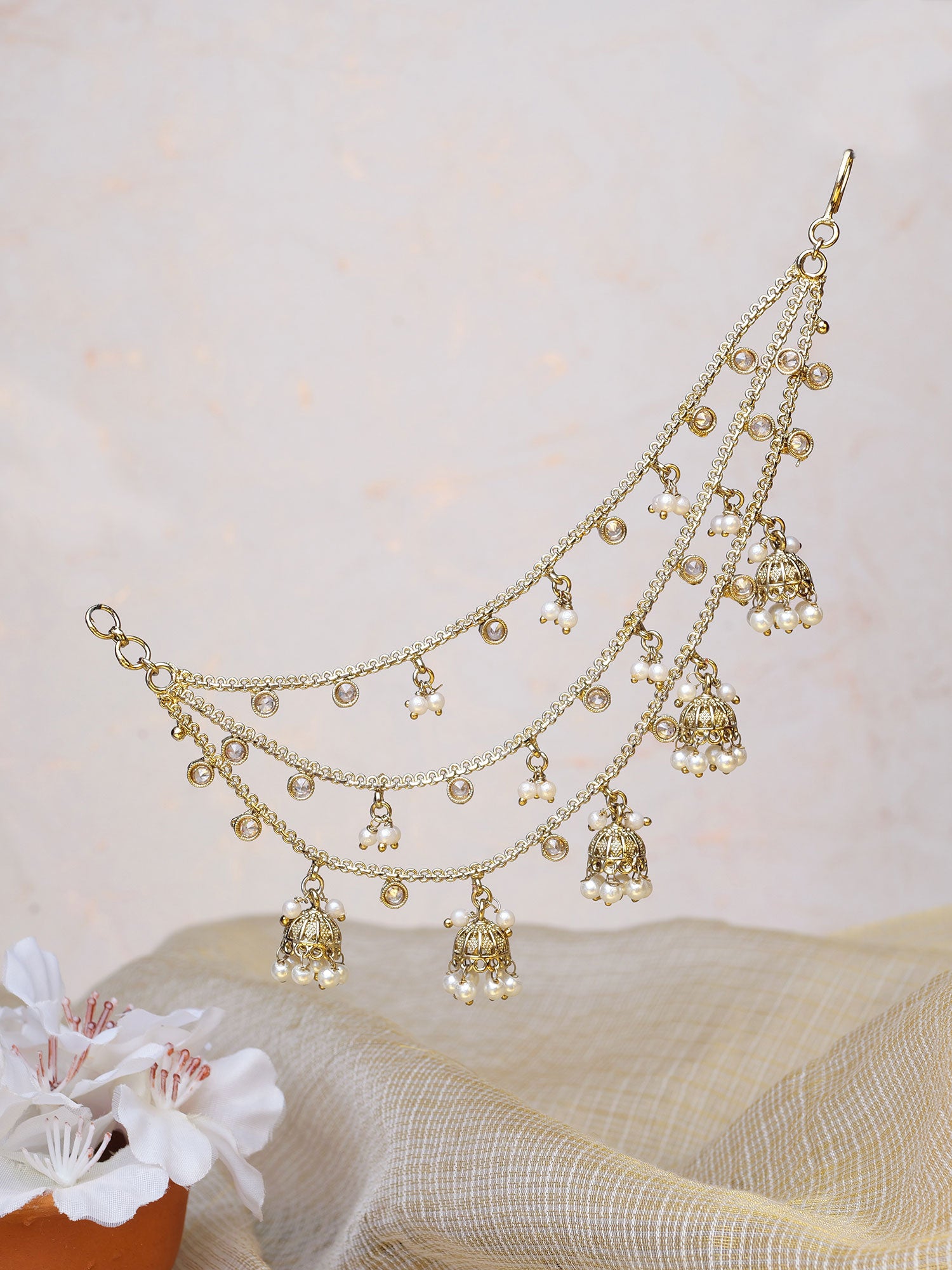 Layered Jhumka Ear Chains in Pearl and Champagne