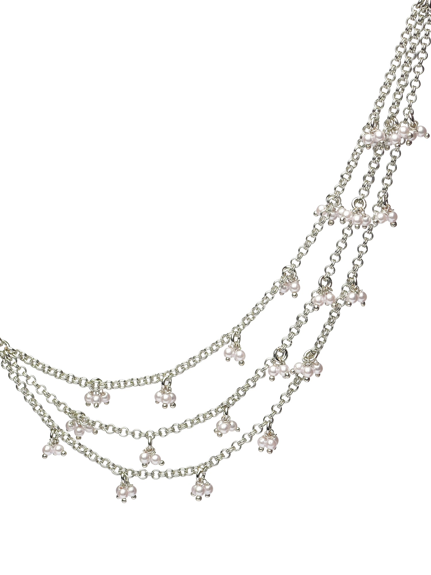Layered Pearl Ghungroo Ear Chains in Rhodium