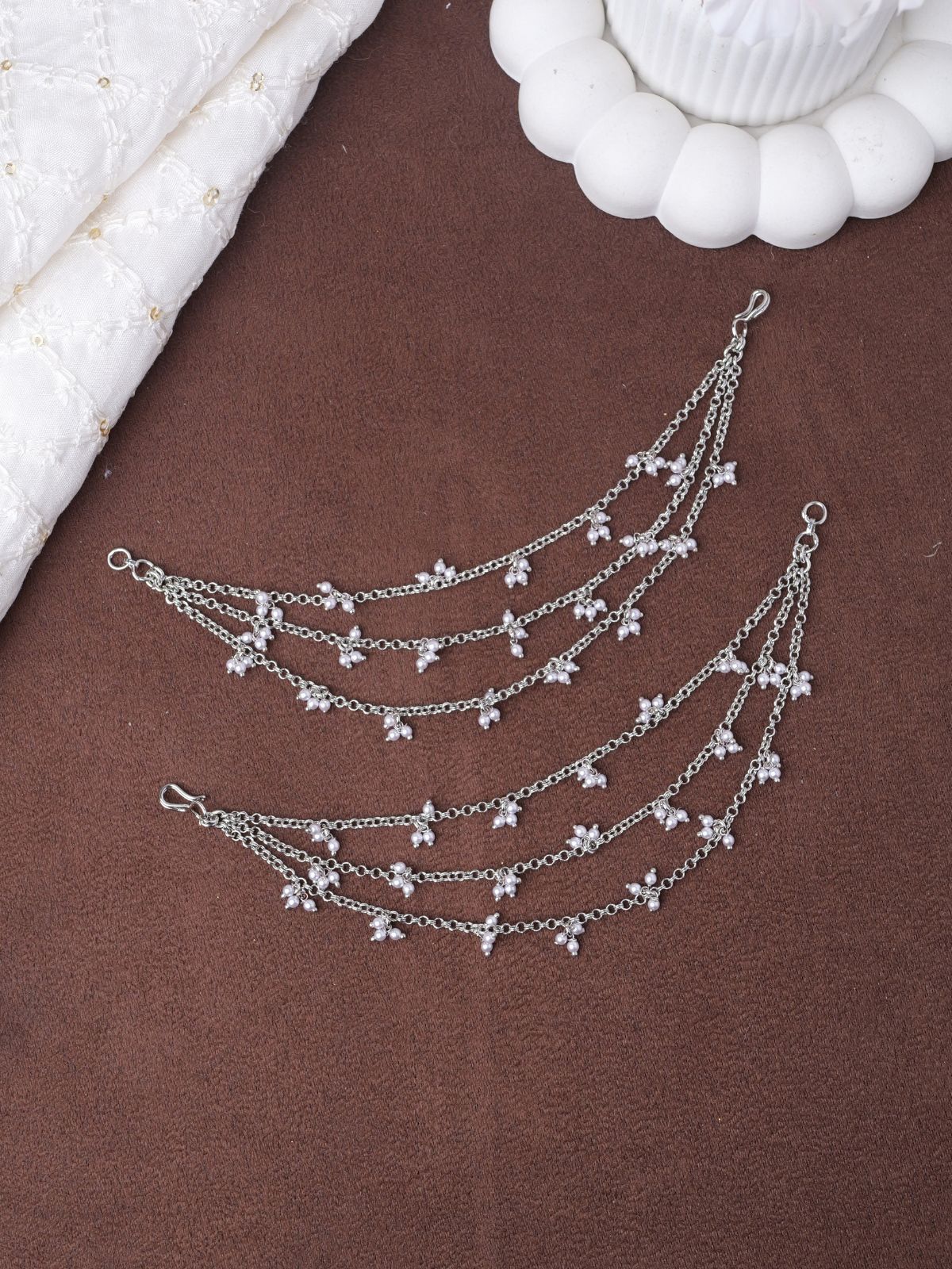 Layered Pearl Ghungroo Ear Chains in Rhodium