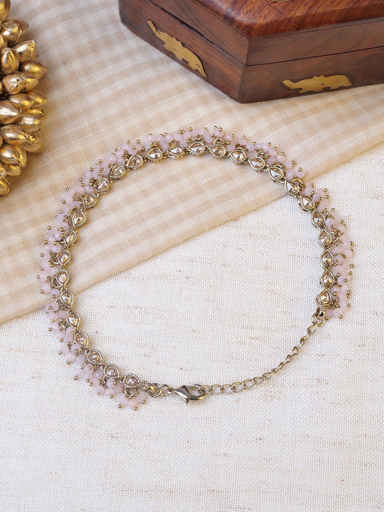 Light Pink Cluster Anklet in Antique Gold