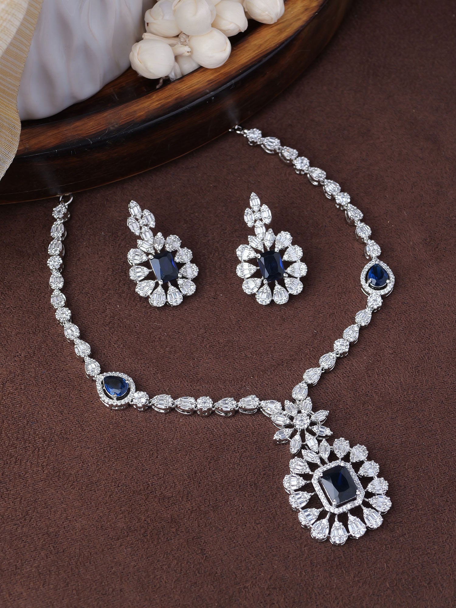 Liora Cubic Zirconia Necklace Set in Blue and  Rhodium