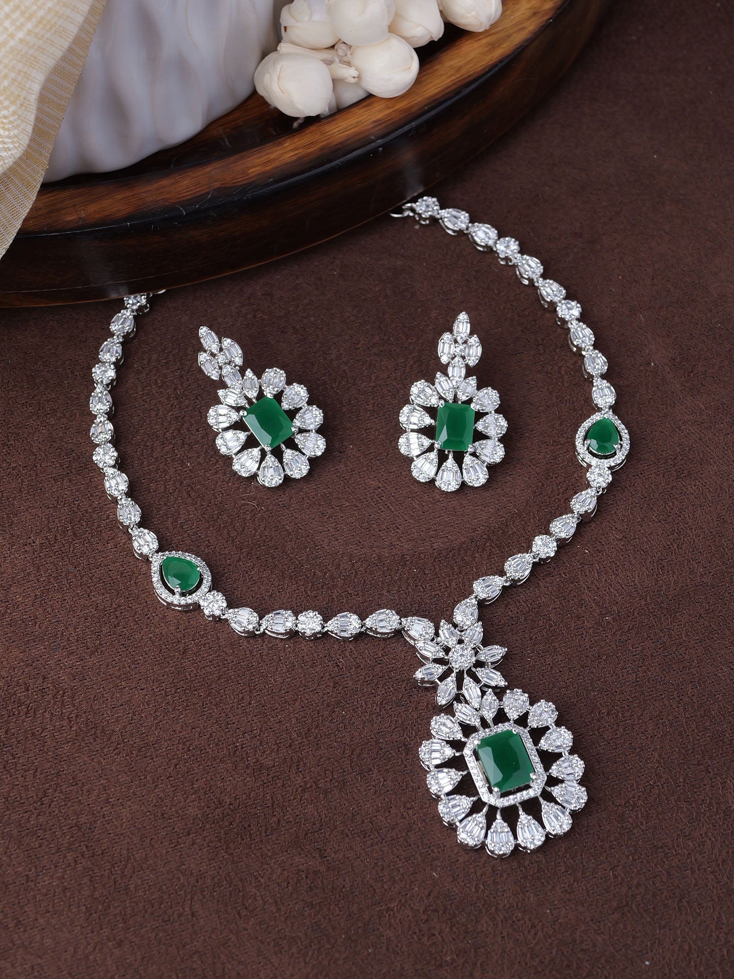 Liora Cubic Zirconia Necklace Set in Green and Rhodium
