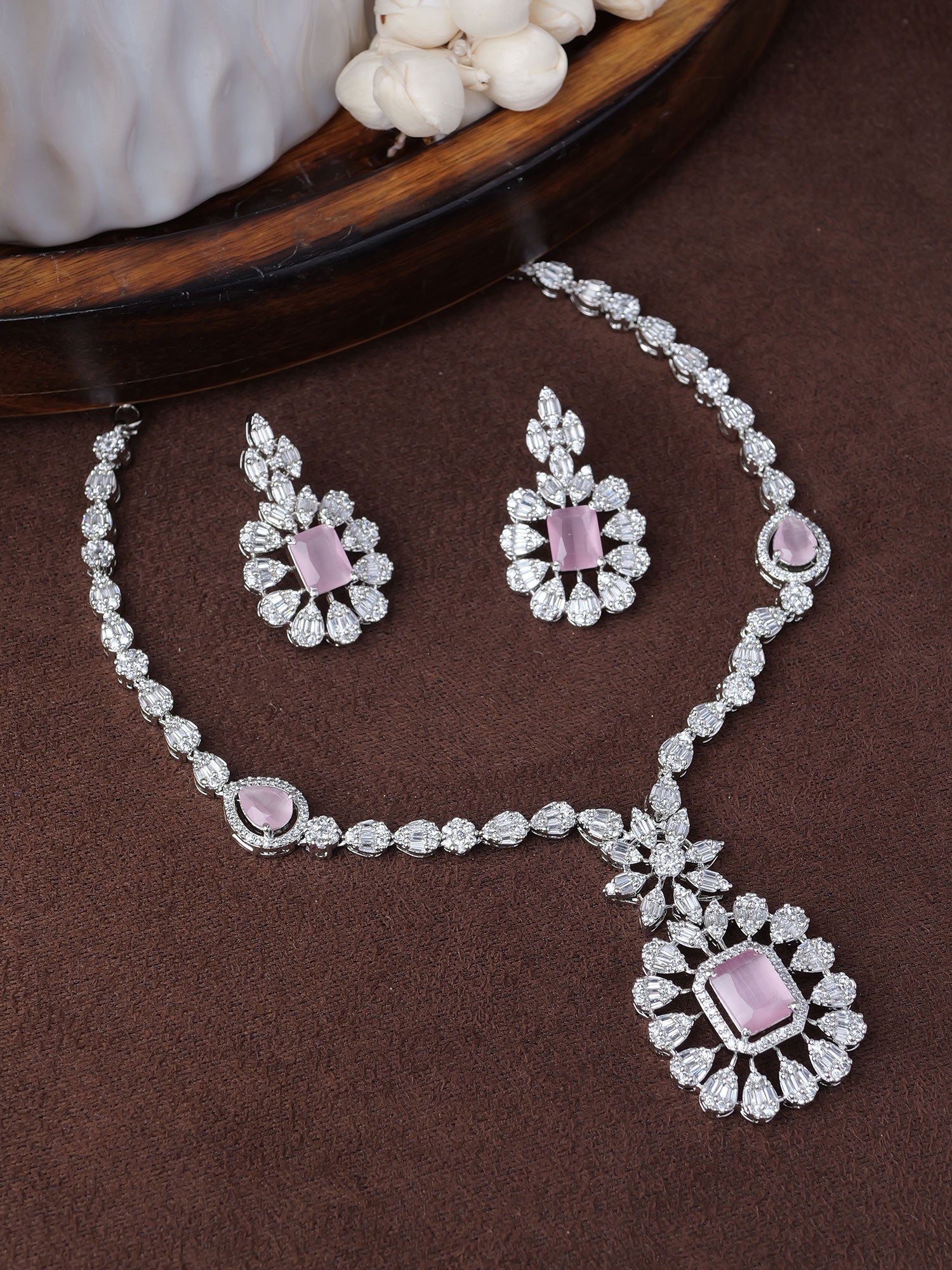 Liora Cubic Zirconia Necklace Set in Light Pink and Rhodium