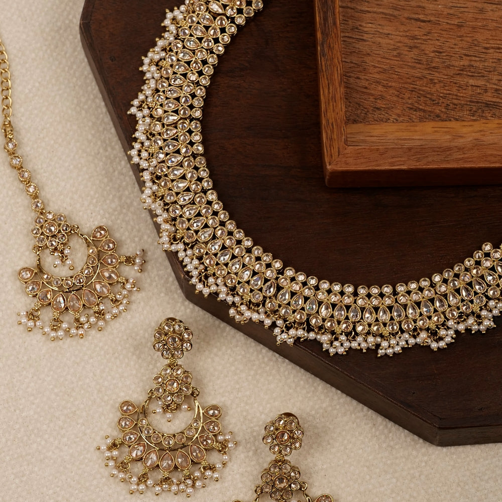 Mina Necklace Set in Pearl and Antique Gold