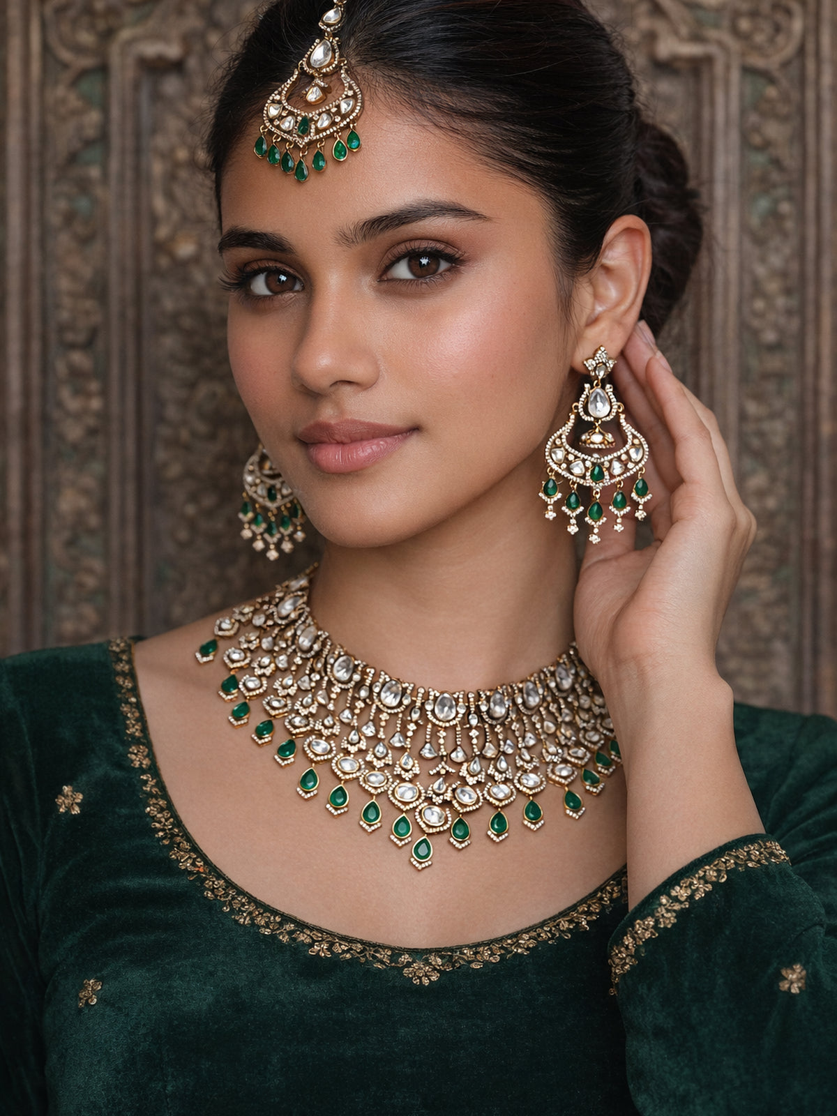 Maheera Kundan Bridal Necklace Set in Green 