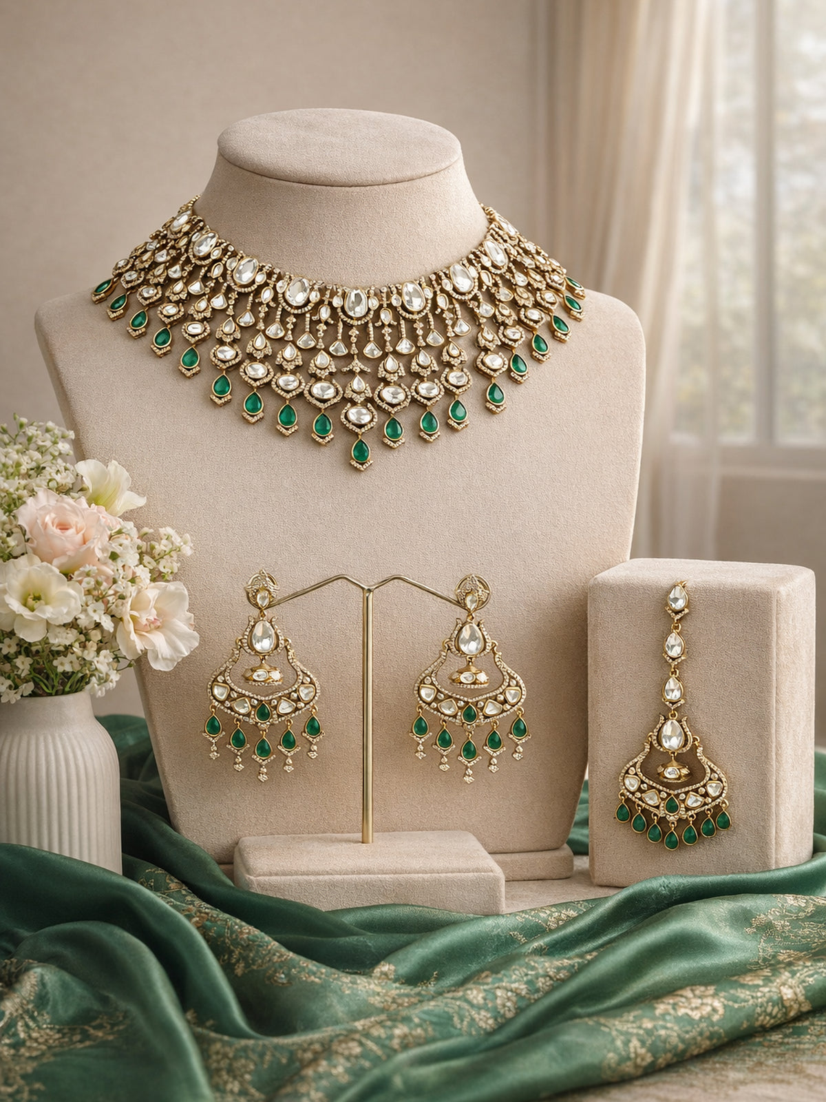 Maheera Kundan Bridal Necklace Set in Green 