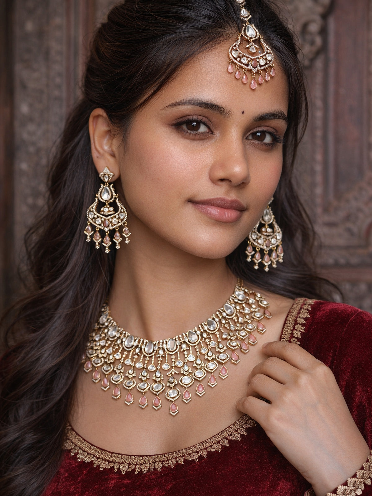 Maheera Kundan Bridal Necklace Set in Pink